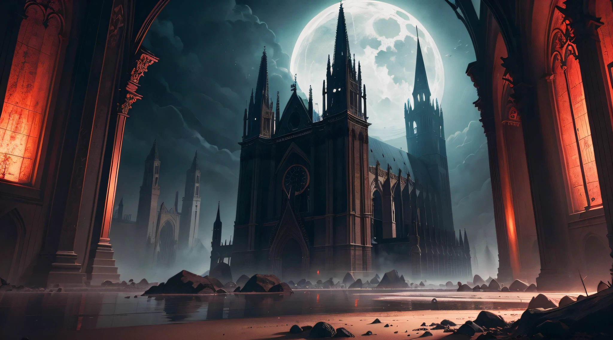 (La mejor calidad, Altas Resoluciones, Obra maestra:1.2), Detailed Gothic cathedral at night, rodeado de una jungla oscura con tonos de rojo y negro, Los colores predominantes son el rojo y el negro, Ambiente espeluznante, Ominous mood, Arquitectura detallada, intrincadas vidrieras, Moonlight peeking through, agujas altas, Sombras misteriosas, follaje denso, Enredaderas rojas y negras cubiertas de maleza, inquietantemente hermosa, surreal atmosphere, gothic aesthetic, tonos rojos con matices oscuros, Dramatic lighting, contraste intenso, Painting-like rendering.