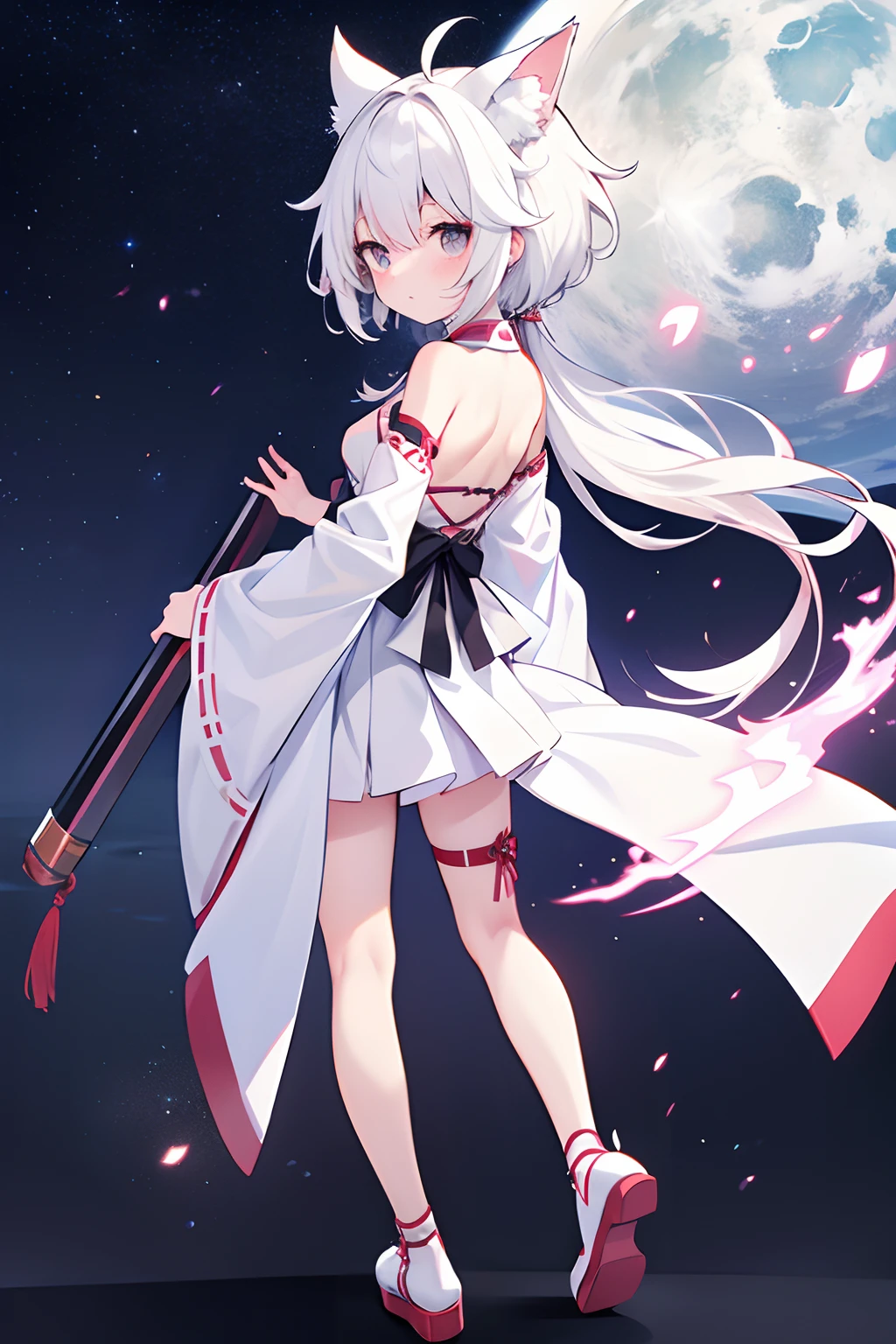 starnight, lookingback, fullbody, miko, white hair, lone nape hair, anime style, anime, drop shadow, best quality, 4K, award winning, super detail, textured skin