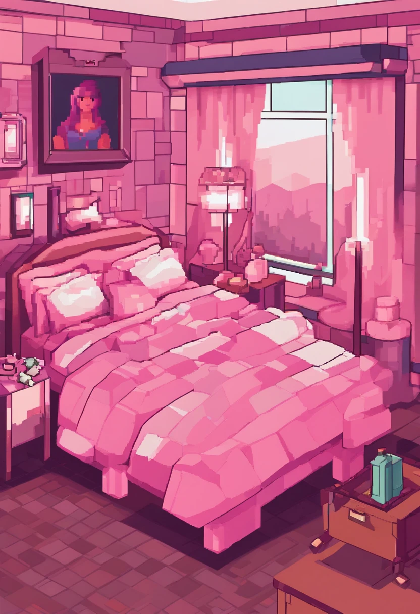 woman, pink hair, in her bed.