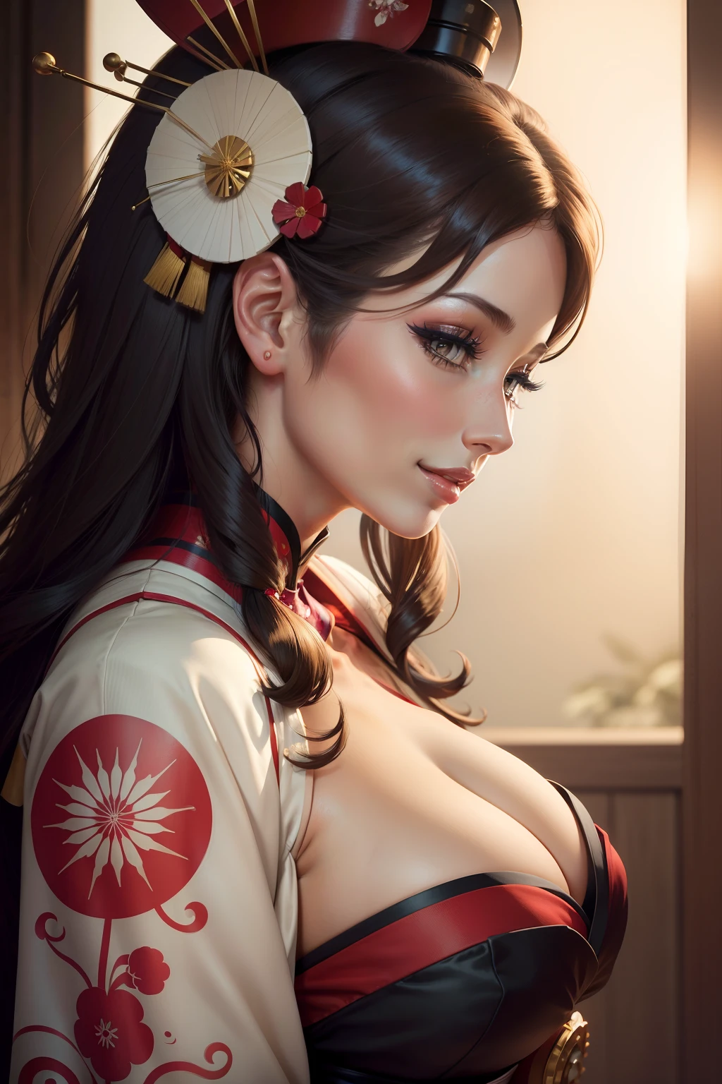 lucy pinder, portrait, profile, face portrait, sexy, neckline, geisha, geisha makeup, smiling