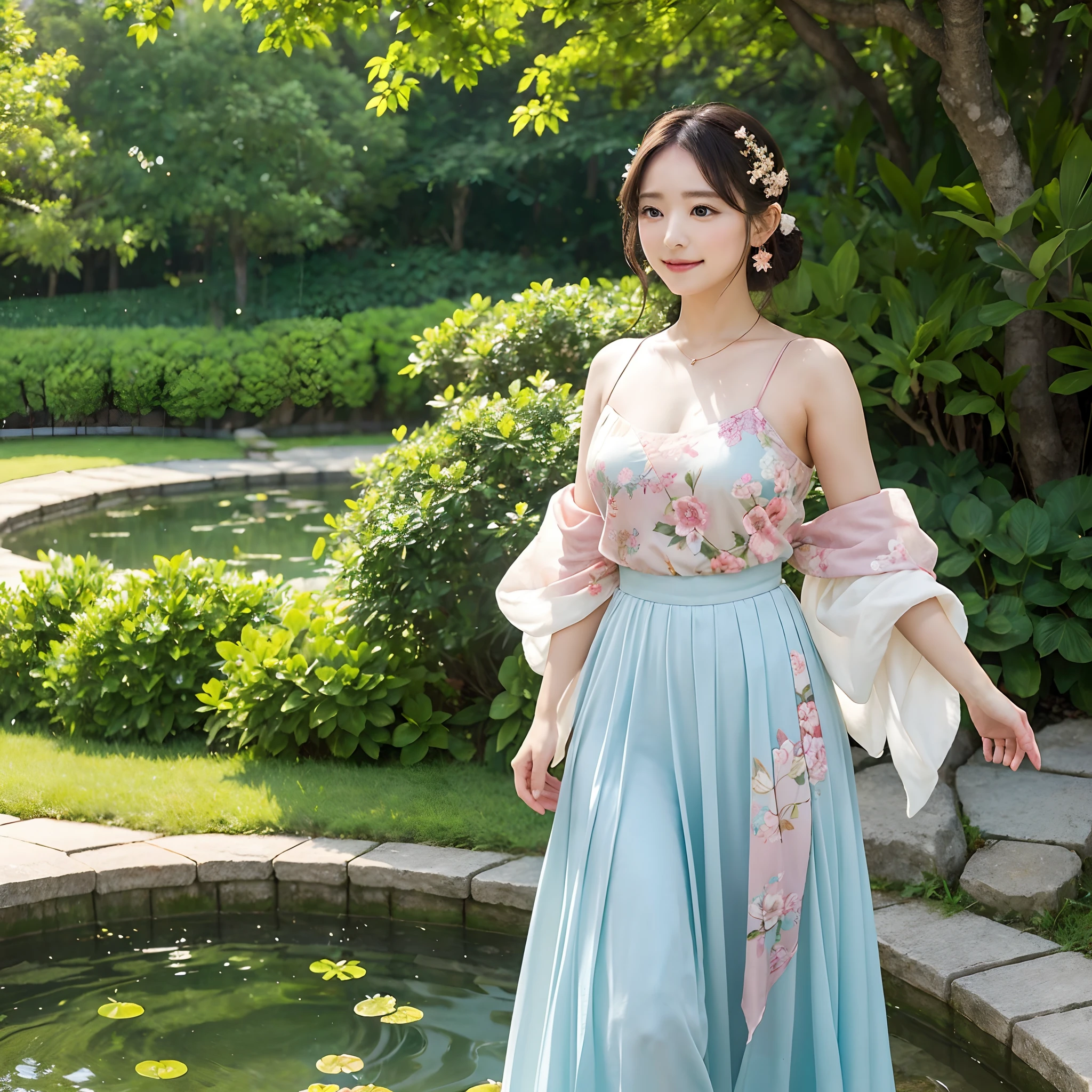 In the heart of a tranquil park, a beautiful girl graces the scenery with her vibrant presence. She is adorned in a kaleidoscope of colors, her attire a testament to the harmony of nature and artistry. A flowing skirt, painted in shades of soft lavender and gentle teal, ripples like a tranquil pond, mirroring the peaceful surroundings.
closeup view
Her blouse, a delicate blush pink, complements the natural palette, evoking the tender blossoms that adorn the park’s gentle trees. Around her neck, a scarf with intricate floral patterns whispers of nature’s own design, while earrings and accessories in playful shades of coral and gold add a touch of whimsy to her ensemble.
As she strolls along the winding pathways, her every step seems to blend seamlessly with the rustling leaves and the distant songs of birds. The dappled sunlight, filtering through the lush canopy, caresses her features, highlighting the gentle curve of her smile and the sparkles in her eyes.
The park’s pond, serene and reflective, mirrors the azure sky and the verdant surroundings, creating a dreamlike tableau. In this idyllic haven, the beautiful girl stands as a living embodiment of nature’s grace and the joy it imparts. Her colorful attire harmonizes effortlessly with the peaceful landscape, weaving a tapestry of beauty, tranquility, and timeless elegance. Together, they form a scene of enchanting serenity that captivates all who behold it.