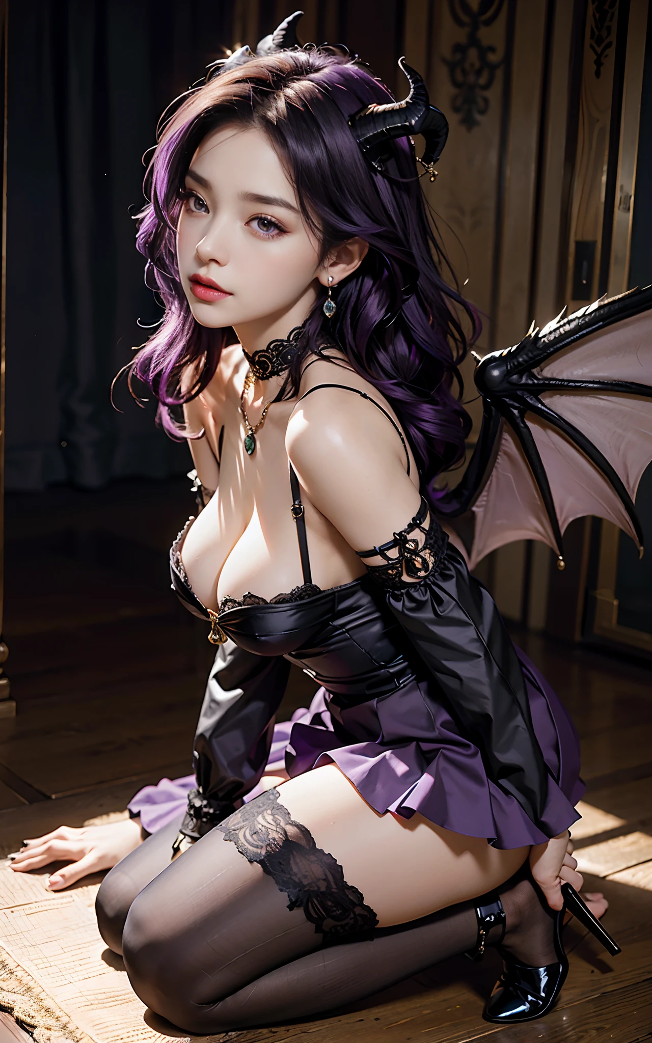 （Dark night，Bedrooms：1. Mature female purple-black hair,A pair of dragon horns，A pair of huge dragon wings，Flirtatious，Kneeling pose）， tmasterpiece， best qualtiy， RAW photogr， realisticlying， Incredibly Ridiculous res，， ear studs， (Long flowing purple hair)，eye shadows，Bracelet，head chain，(A wide variety of intricate jewelry)，eardrop，foot ring，Black ta dress long dress，（Black suspender stockings+），high-heels，depth of fields， A high resolution， ultra - detailed， filigree， RAWE is very detailed， very detailed eyes and faces， Sharp pupils， realistic pupil， tack sharp focus， cinmatic lighting，full bodyesbian，Bigboobs，long leges，From the front side，banquet，dynamicposes，Normal posture，closeup of face