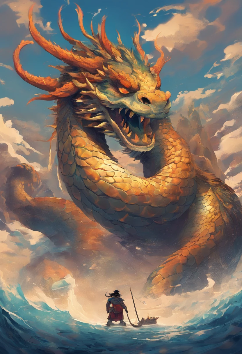 China-style，Chinese mythology，Dragon turtle，faucet，Angular，（（Turtle body）），Giant tortoiseshell shell，（Heavy tortoiseshell shell：1.4），The tail of the snake grows out，has horns on its head，tosen，Ferocious，gargantuan，The eyes glow blue light，the sea，Huge waves，surrounded by cloud，中景 the scene is，Full body like， highly detailed surreal vfx，oc rendered，