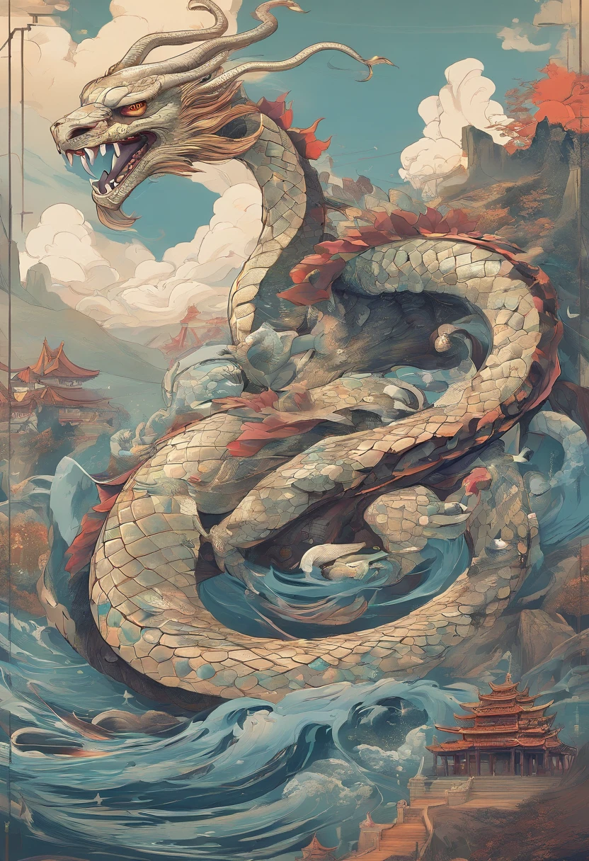 China-style，Chinese mythology，Dragon turtle，faucet，Angular，Turtle body，Giant tortoiseshell shell，（Heavy tortoiseshell shell：1.4），The tail of the snake grows out，has horns on its head，tosen，Ferocious，gargantuan，The eyes glow blue light，the sea，Huge waves，surrounded by cloud，中景 the scene is，Full body like， highly detailed surreal vfx，oc rendered， - AR 16:9 --q 2 --s 1000
