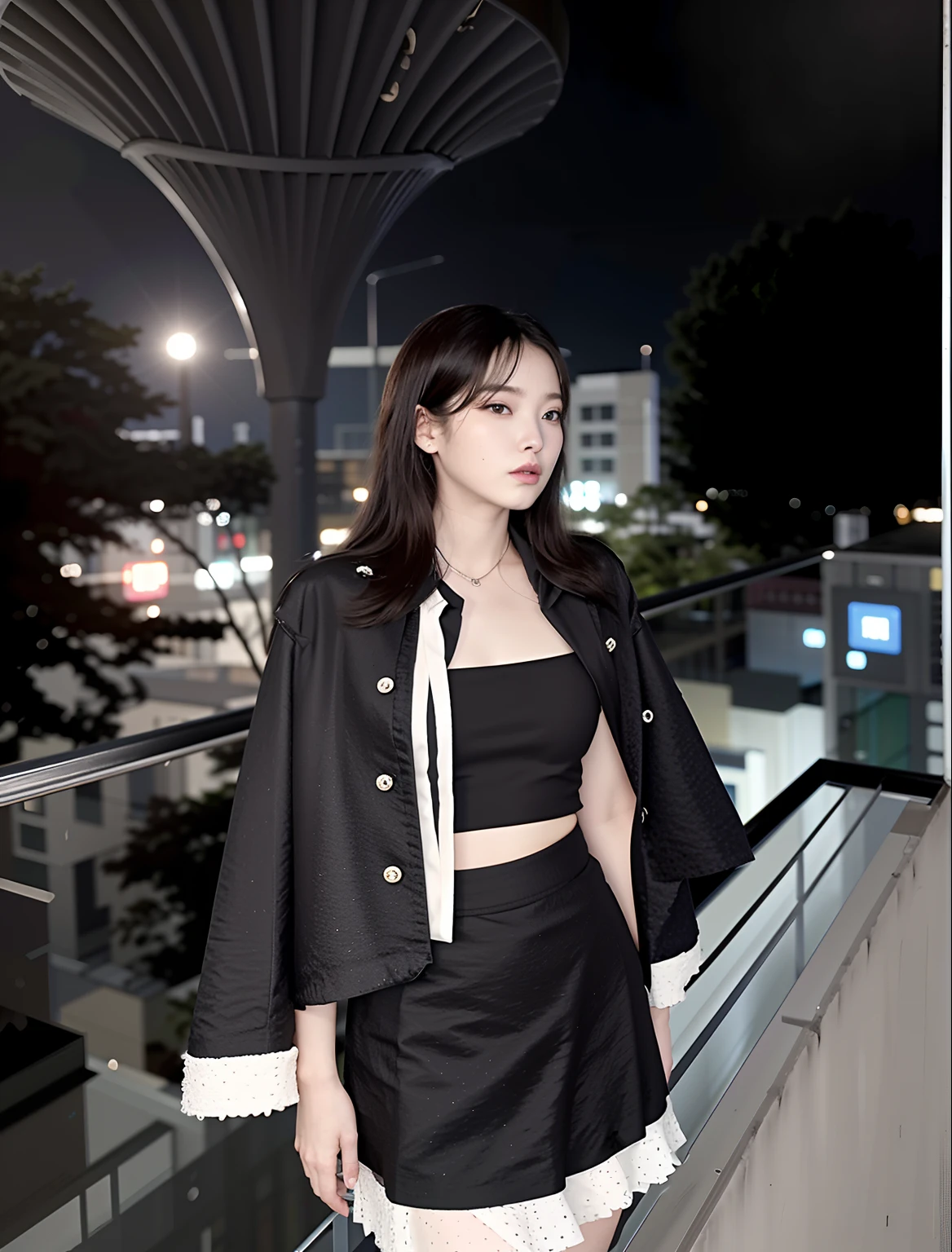 there is a woman standing on a balcony with a black jacket, short skirt and a long jacket, inspired by Cheng Jiasui, inspired by Ni Yuanlu, cropped shirt with jacket, wearing a fancy black jacket, wearing jacket and skirt, inspired by Gao Cen, album art, in style of kar wai wong, inspired by Ma Yuanyu, in the city