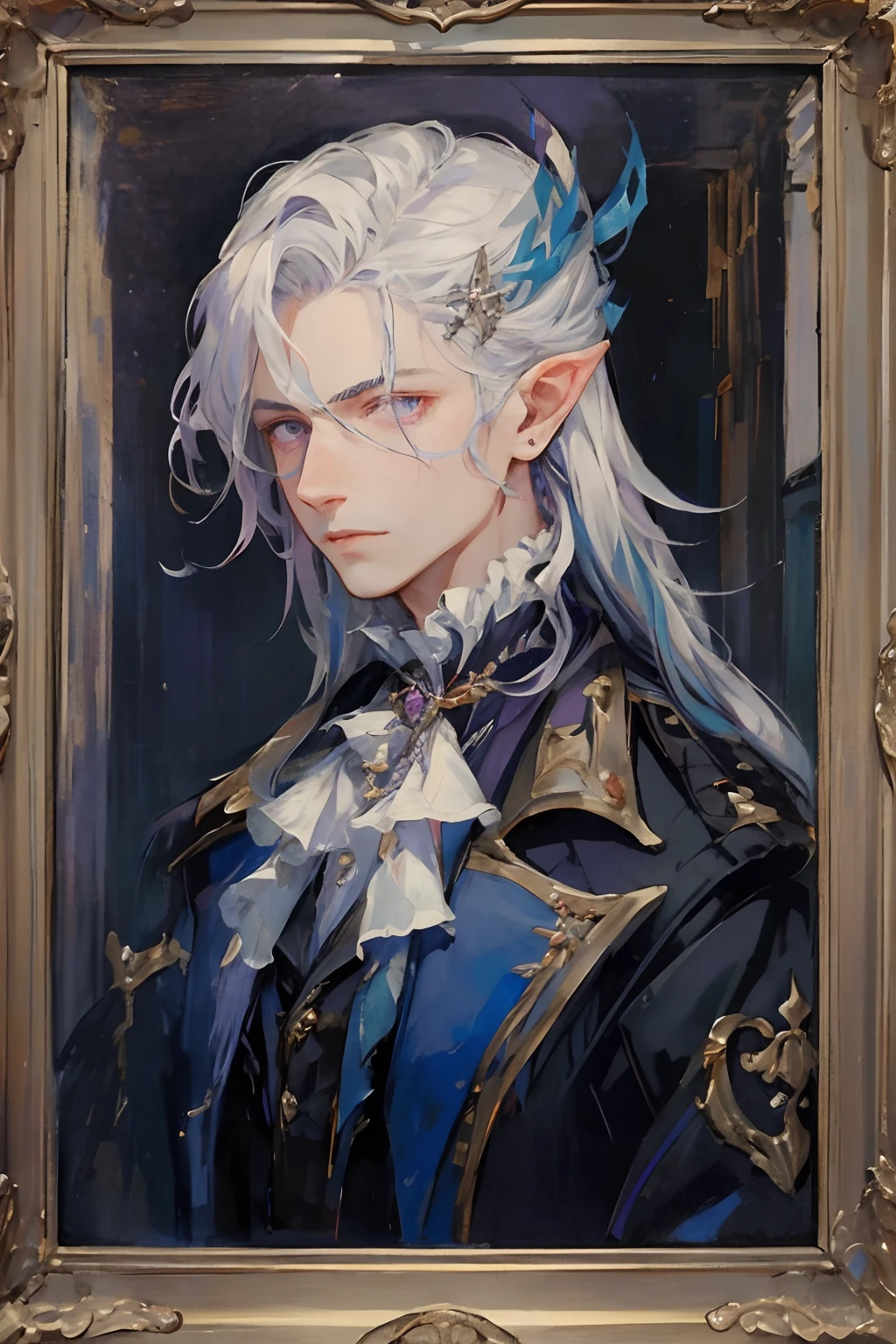 ,Neuvillette, 1boy, adult male, long hair, white hair, blue streaks, purple eyes, black jacket, frills, jewelry, hair ornament, purple eyes, pointy ears, portrait in a frame, old vintage style portrait, oil painting