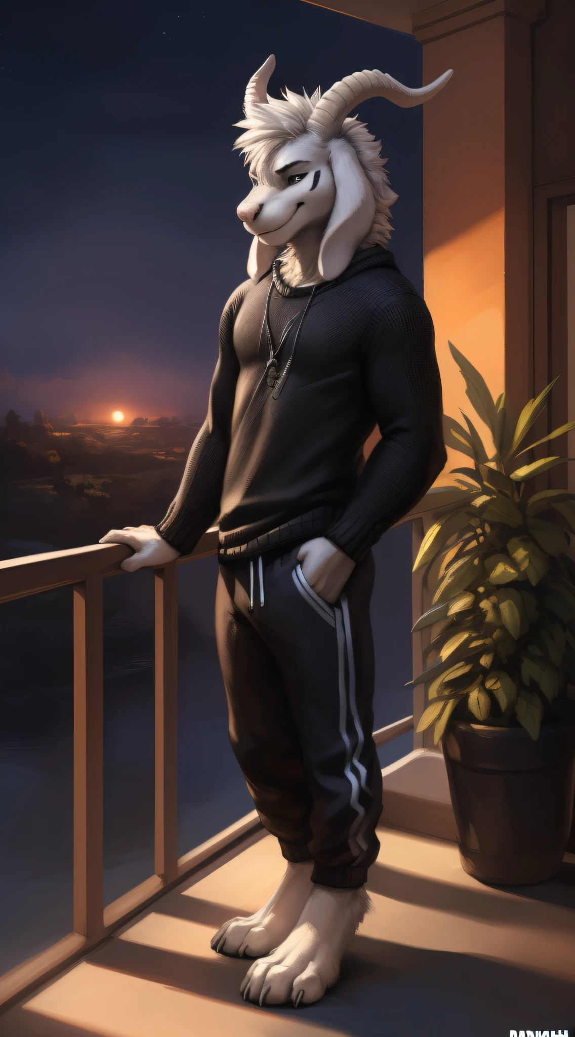 (((Males))), (((solo))) character, Asriel Dreemurr (god form), male focus, 8k wuality, ultra realistic, 3d render, digital art, beautiful Asriel Dreemurr, kenket, Ross Tran,ruan jia, uploaded to e621, zaush, foxovh, cenematic lighting, (((confident, seductive))), (((whole body showed))), (((detailed black eyes))), (((correct eyes))), (((correct position))), (((full body commission))), (((detailled hands))), (((correct hands))), (((correct feets paws))), (((feets paws))), (((white fur))), (((very fluffy))), (((white curls hornes))), (((chill))), (((long large black sweater and training pant))), (((chill on the balcony))), (((evening))), (((relax and chill))), (((chill place))), (((plant))), (((tabel and chair)))