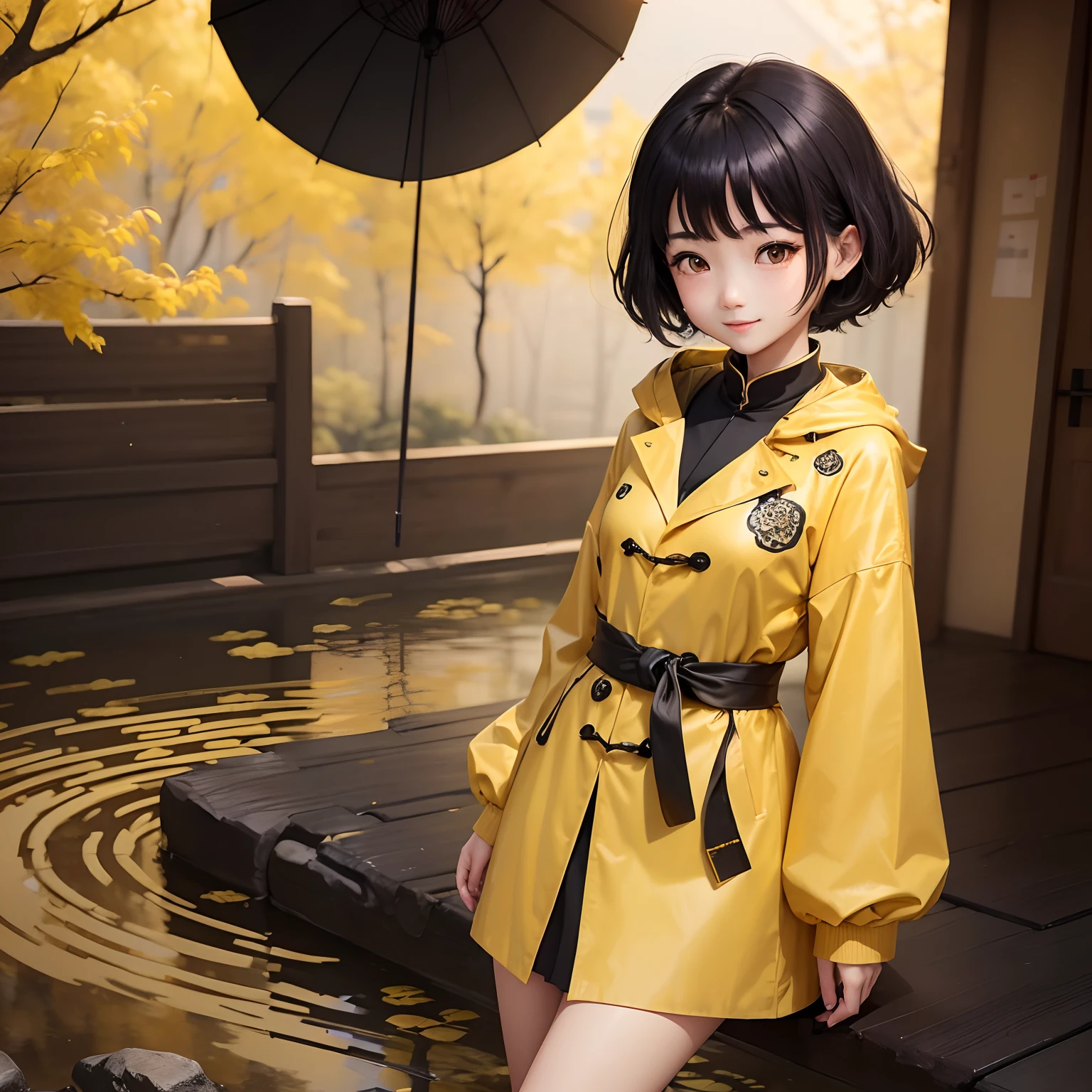((4k、masterpiece、top-quality))、shuimobysim、traditional Chinese ink painting、Yellow raincoat、One Girl、独奏、short black hair、a smile、is standing、bare-legged、