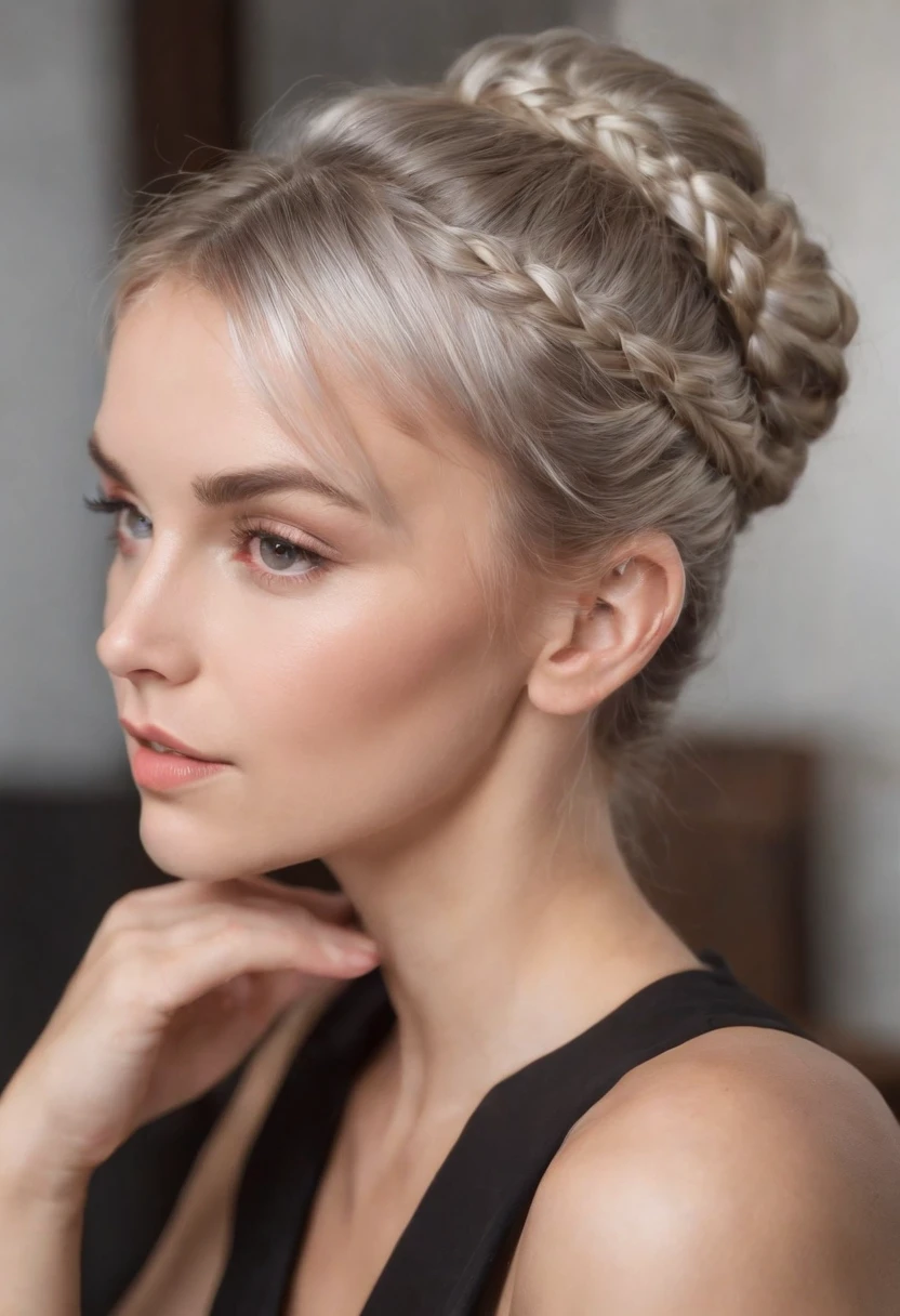 caucasian female，silber hair，Tie your hair into a bun，slanted bangs