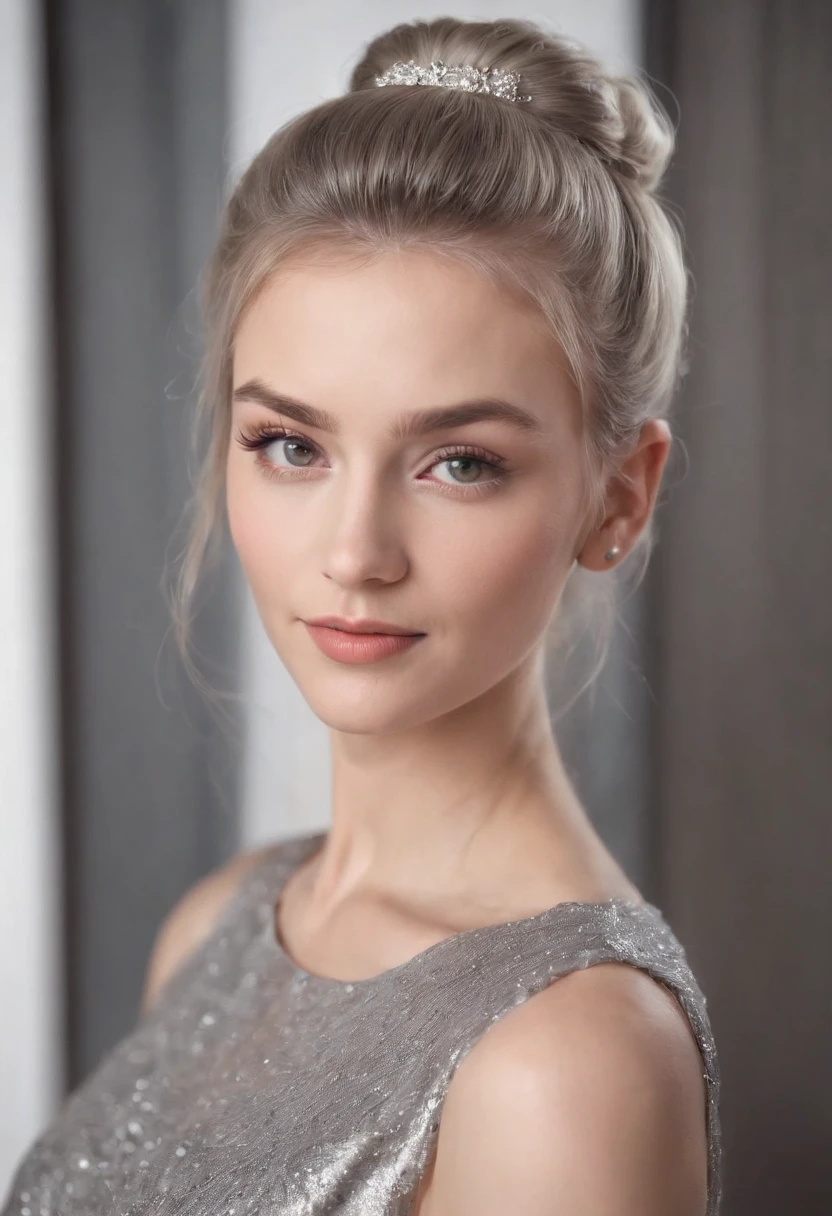 caucasian female,silber hair,Tie your hair into a bun,slanted bangs