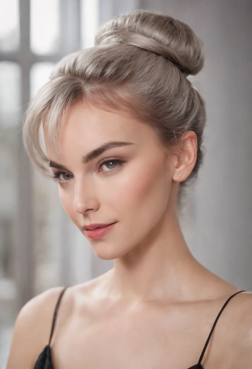 caucasian female,silber hair,Tie your hair into a bun,slanted bangs
