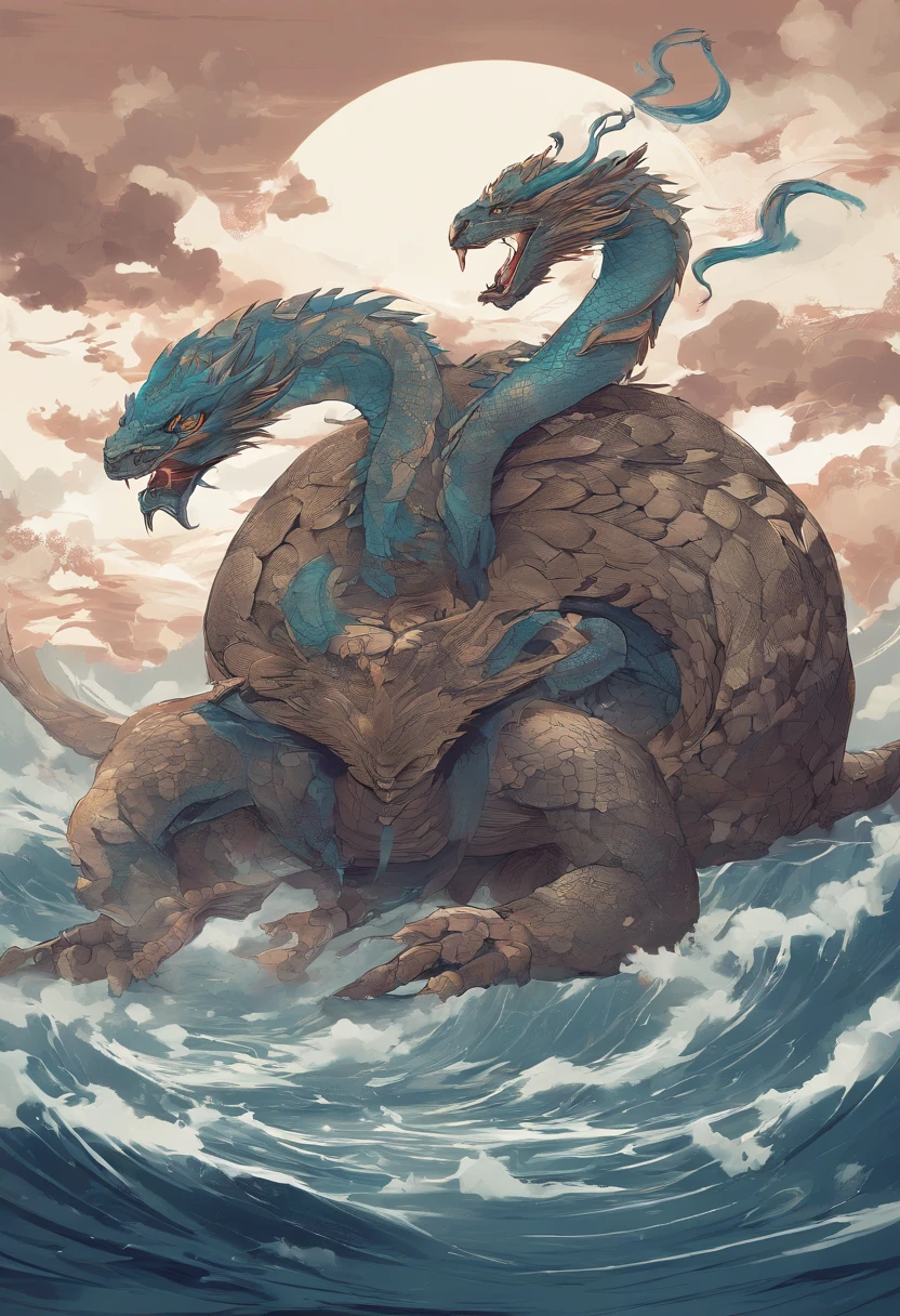 China-style,Chinese mythology,Dragon turtle,faucet,Angular,((Turtle body)),Giant tortoiseshell shell,(Heavy tortoiseshell shell:1.4),The tail of the snake grows out,has horns on its head,tosen,Ferocious,gargantuan,The eyes glow blue light,the sea,Huge waves,surrounded by cloud,中景 the scene is,Full body like, highly detailed surreal vfx,oc rendered,super-fine,Hyper-realistic,Ultra photo realsisim