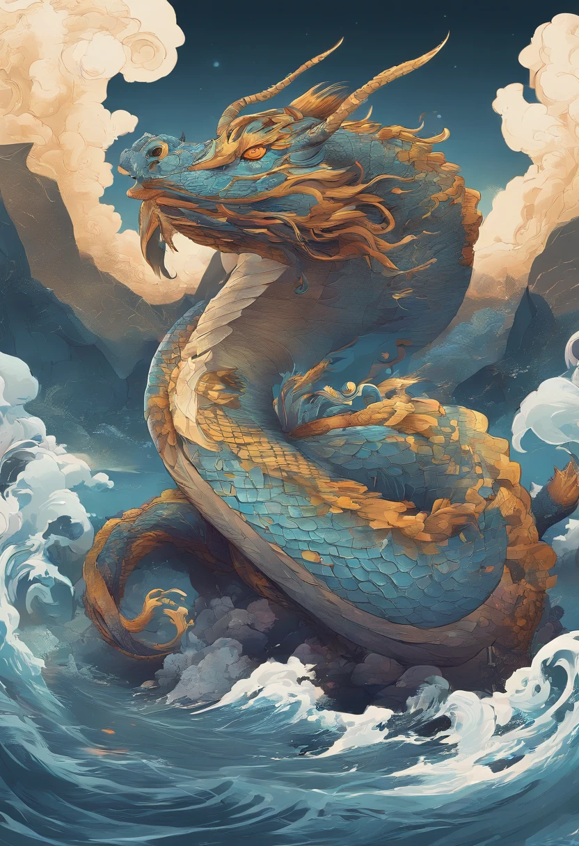 China-style,Chinese mythology,Dragon turtle,faucet,Angular,((Turtle body)),Giant tortoiseshell shell,(Heavy tortoiseshell shell:1.4),The tail of the snake grows out,has horns on its head,tosen,Ferocious,gargantuan,The eyes glow blue light,the sea,Huge waves,surrounded by cloud,中景 the scene is,Full body like, highly detailed surreal vfx,oc rendered,super-fine,Hyper-realistic,Ultra photo realsisim
