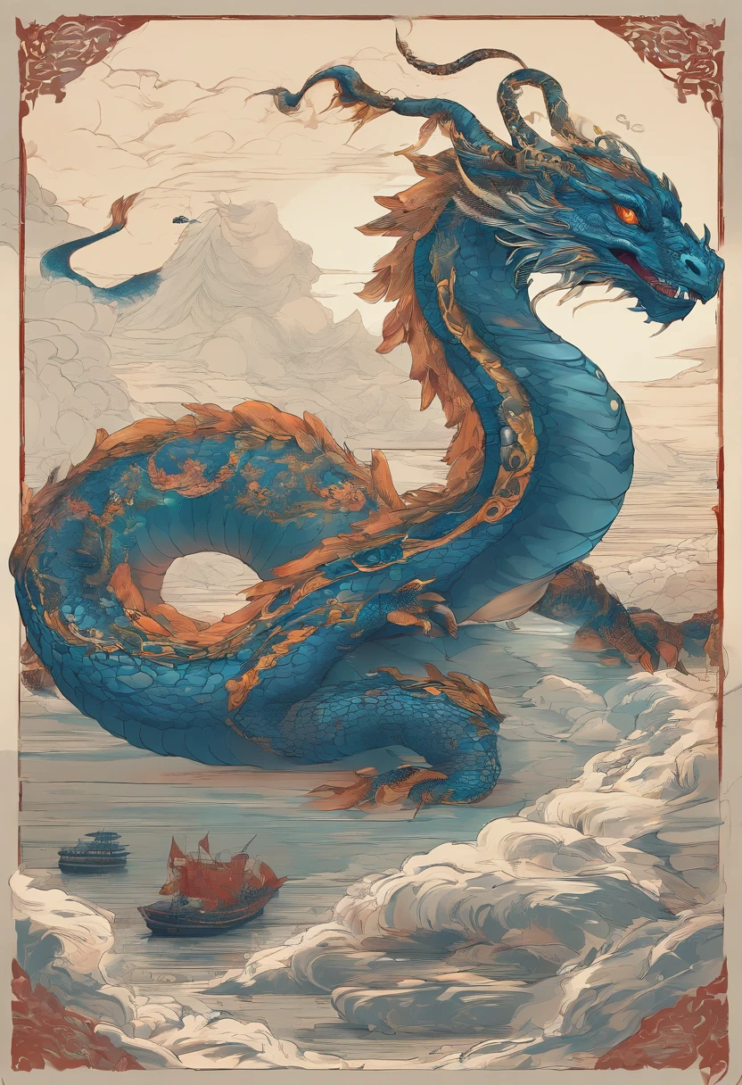 China-style，Chinese mythology，Dragon turtle，faucet，Angular，（（Turtle body）），Giant tortoiseshell shell，（Heavy tortoiseshell shell：1.4），The tail of the snake grows out，has horns on its head，tosen，Ferocious，gargantuan，The eyes glow blue light，the sea，Huge waves，surrounded by cloud，中景 the scene is，Full body like， highly detailed surreal vfx，oc rendered，super-fine，Hyper-realistic，Ultra photo realsisim