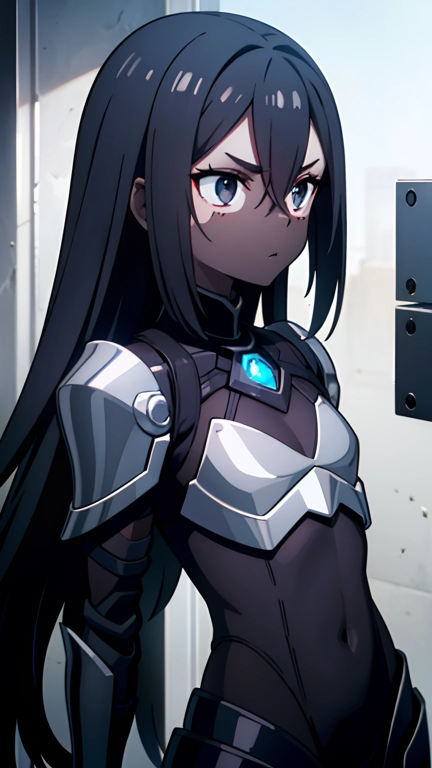 1 girl, black skin tone, ite, small chest, futuristic armor, black eyes, Evil Aura, Cursed Armor