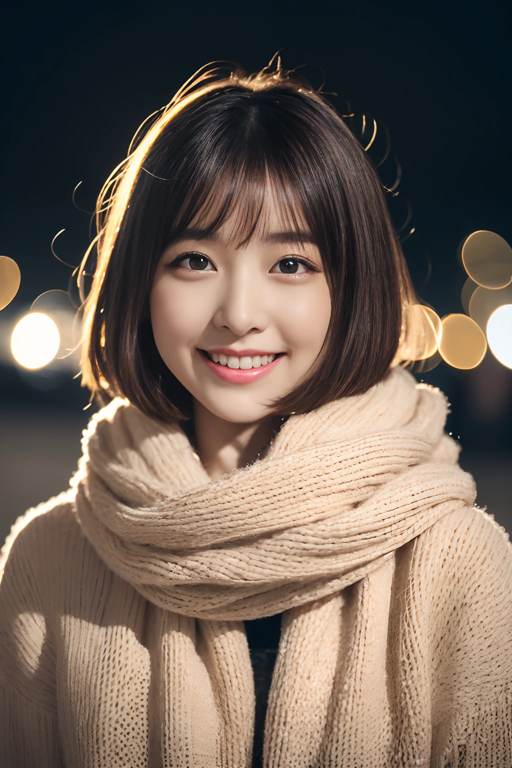 ((no-makeup))、(realisitic、Photorealsitic、ultra-detailliert、Highest Details Skins、top-quality、masterpiece、超A high resolution)、Cute Japan Woman、、hi-school girl、younggirl、1 girl in、I have bangs、二重まぶた、drooing eyes、Large black eyes、Charming、purity、Cute smile、natural smile、View here、Realistic skin type、Thick muffler、fluffy hair、((Hair is inside the scarf))、Red cheeks、The wind is blowing、It's snowing、illuminations、Lighting from behind、Medium Bob Cut