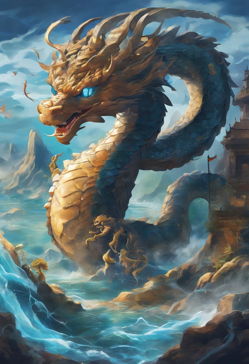 China-style，Chinese mythology，Dragon turtle，faucet，Angular，（（Turtle body）），Giant tortoiseshell shell，（Heavy tortoiseshell shell：1.4），The tail of the snake grows out，has horns on its head，tosen，Ferocious，gargantuan，The eyes glow blue light，the sea，Huge waves，surrounded by cloud，中景 the scene is，Full body like， highly detailed surreal vfx，oc rendered，super-fine，Hyper-realistic，Ultra photo realsisim