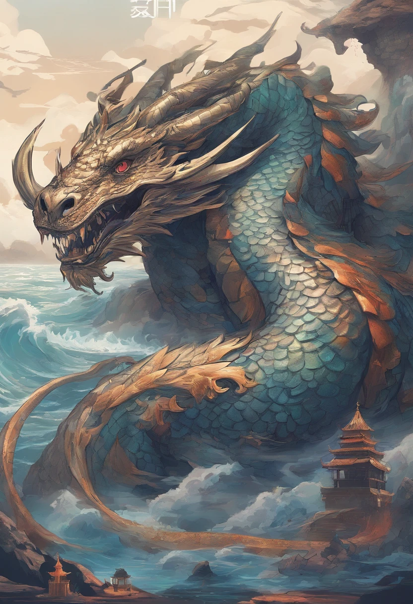 China-style，Chinese mythology，Dragon turtle，faucet，Angular，（（Turtle body）），Giant tortoiseshell shell，（Heavy tortoiseshell shell：1.4），The tail of the snake grows out，has horns on its head，tosen，Ferocious，gargantuan，The eyes glow blue light，the sea，Huge waves，surrounded by cloud，中景 the scene is，Full body like， highly detailed surreal vfx，oc rendered，super-fine，Hyper-realistic，Ultra photo realsisim