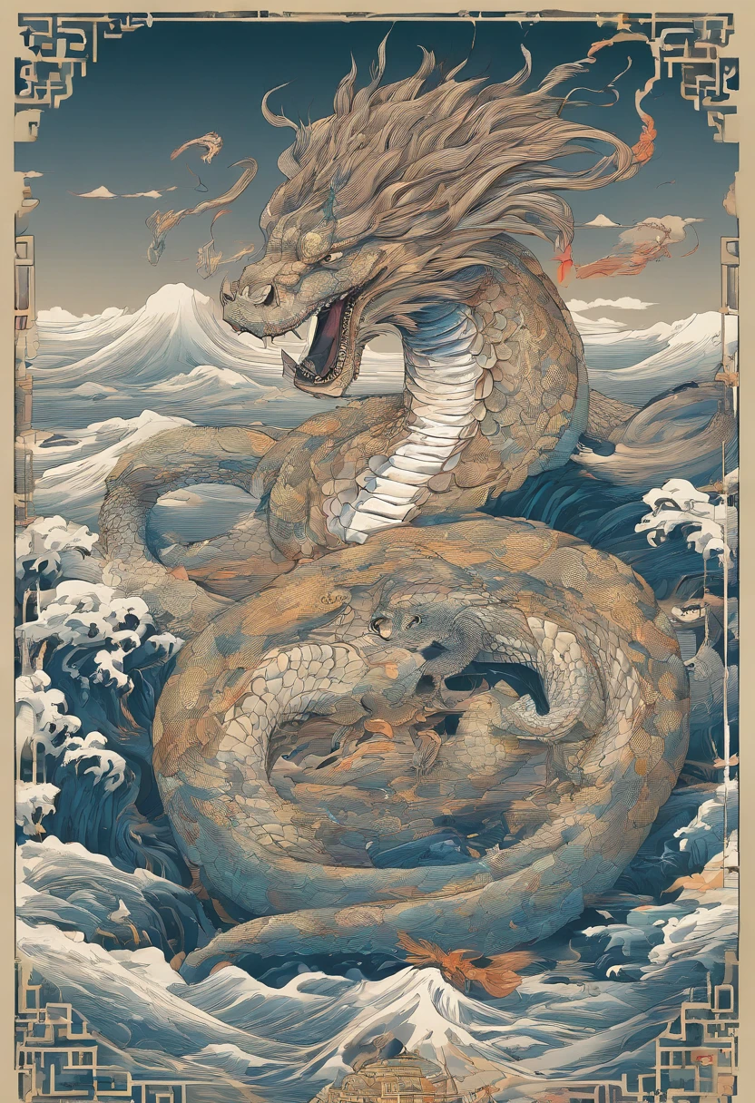 China-style,Chinese mythology,Dragon turtle,faucet,Angular,((Turtle body)),Giant tortoiseshell shell,(Heavy tortoiseshell shell:1.4),The tail of the snake grows out,has horns on its head,tosen,Ferocious,gargantuan,The eyes glow blue light,the sea,Huge waves,surrounded by cloud,中景 the scene is,Full body like, highly detailed surreal vfx,oc rendered,super-fine,Hyper-realistic,Ultra photo realsisim