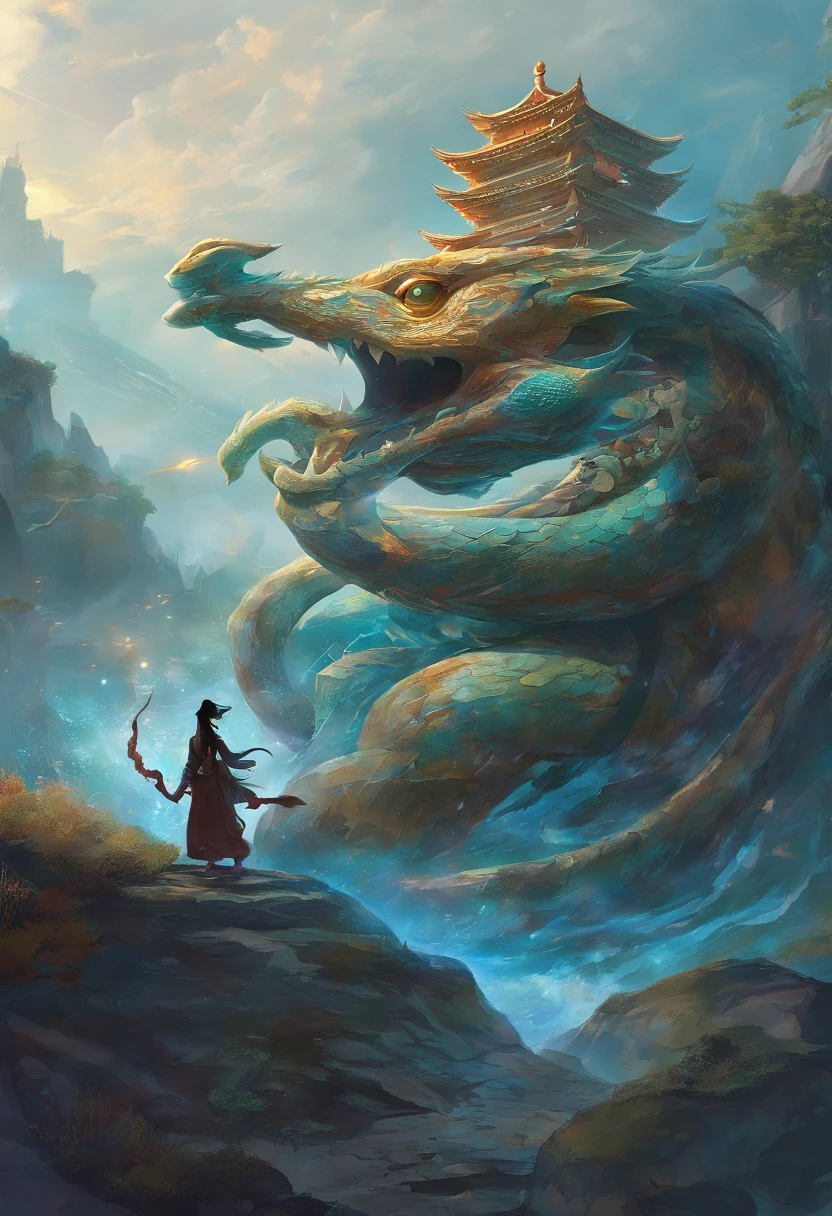 China-style,Chinese mythology,Dragon turtle,faucet,Angular,((Turtle body)),Giant tortoiseshell shell,(Heavy tortoiseshell shell:1.4),The tail of the snake grows out,has horns on its head,tosen,Ferocious,gargantuan,The eyes glow blue light,the sea,Huge waves,surrounded by cloud,中景 the scene is,Full body like, highly detailed surreal vfx,oc rendered,super-fine,Hyper-realistic,Ultra photo realsisim