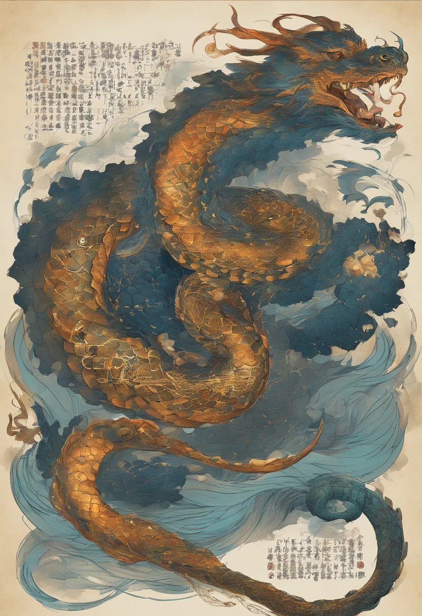China-style，Chinese mythology，Dragon turtle，faucet，Angular，（（Turtle body）），Giant tortoiseshell shell，（Heavy tortoiseshell shell：1.4），The tail of the snake grows out，has horns on its head，tosen，Ferocious，gargantuan，The eyes glow blue light，the sea，Huge waves，surrounded by cloud，中景 the scene is，Full body like， highly detailed surreal vfx，oc rendered，super-fine，Hyper-realistic，Ultra photo realsisim