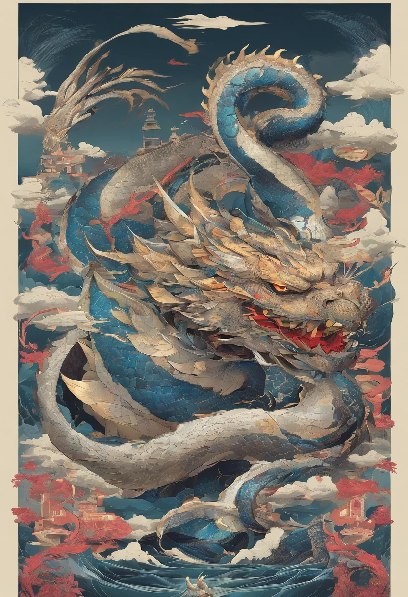 China-style,Chinese mythology,Dragon turtle,faucet,Angular,((Turtle body)),Giant tortoiseshell shell,(Heavy tortoiseshell shell:1.4),The tail of the snake grows out,has horns on its head,tosen,Ferocious,gargantuan,The eyes glow blue light,the sea,Huge waves,surrounded by cloud,中景 the scene is,Full body like, highly detailed surreal vfx,oc rendered,super-fine,Hyper-realistic,Ultra photo realsisim