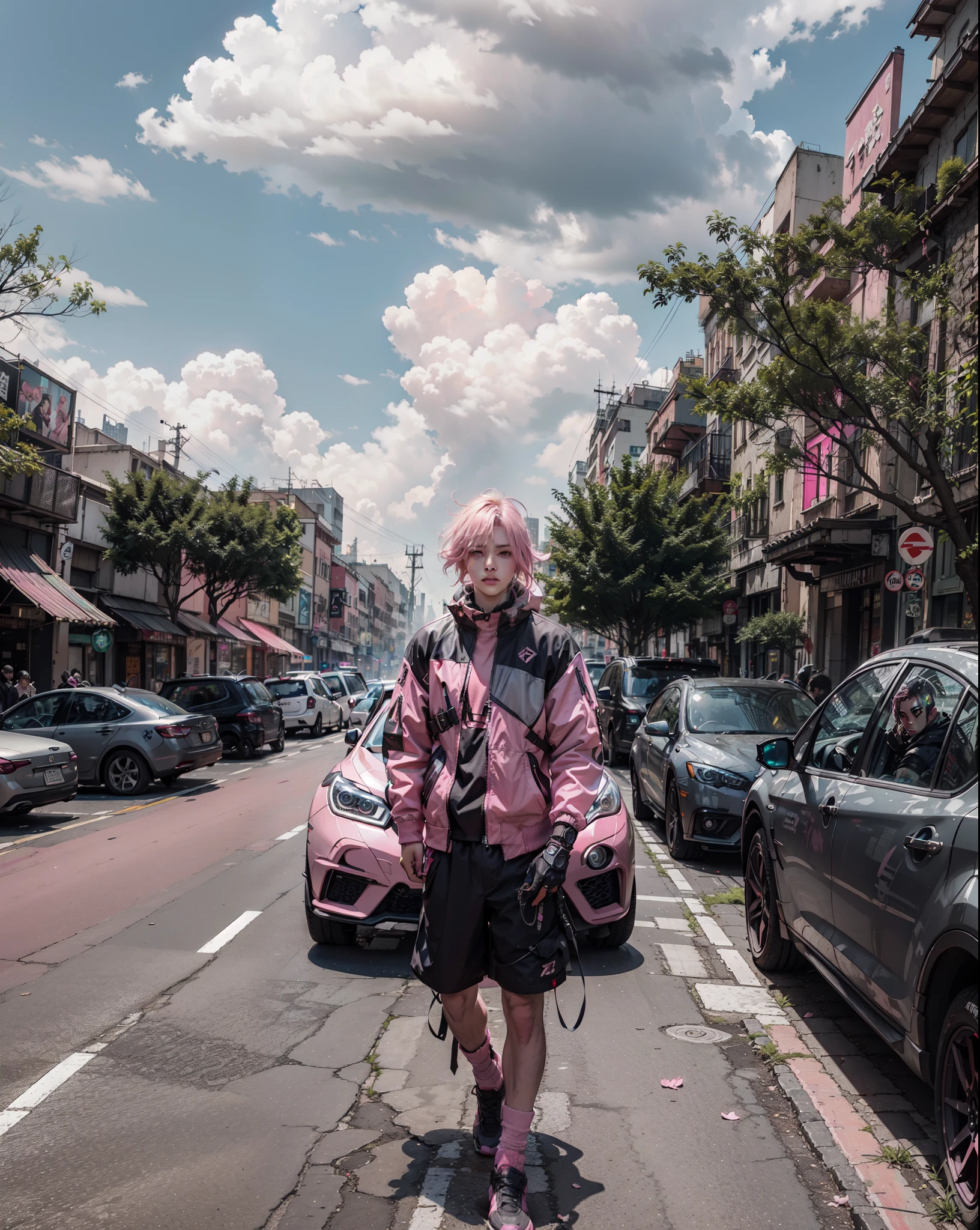 Realistic Naruto, 1boy, cyberpunk, city, street, future tech, cyborg, mech, pink cyber wear, (((pink))) techwear,