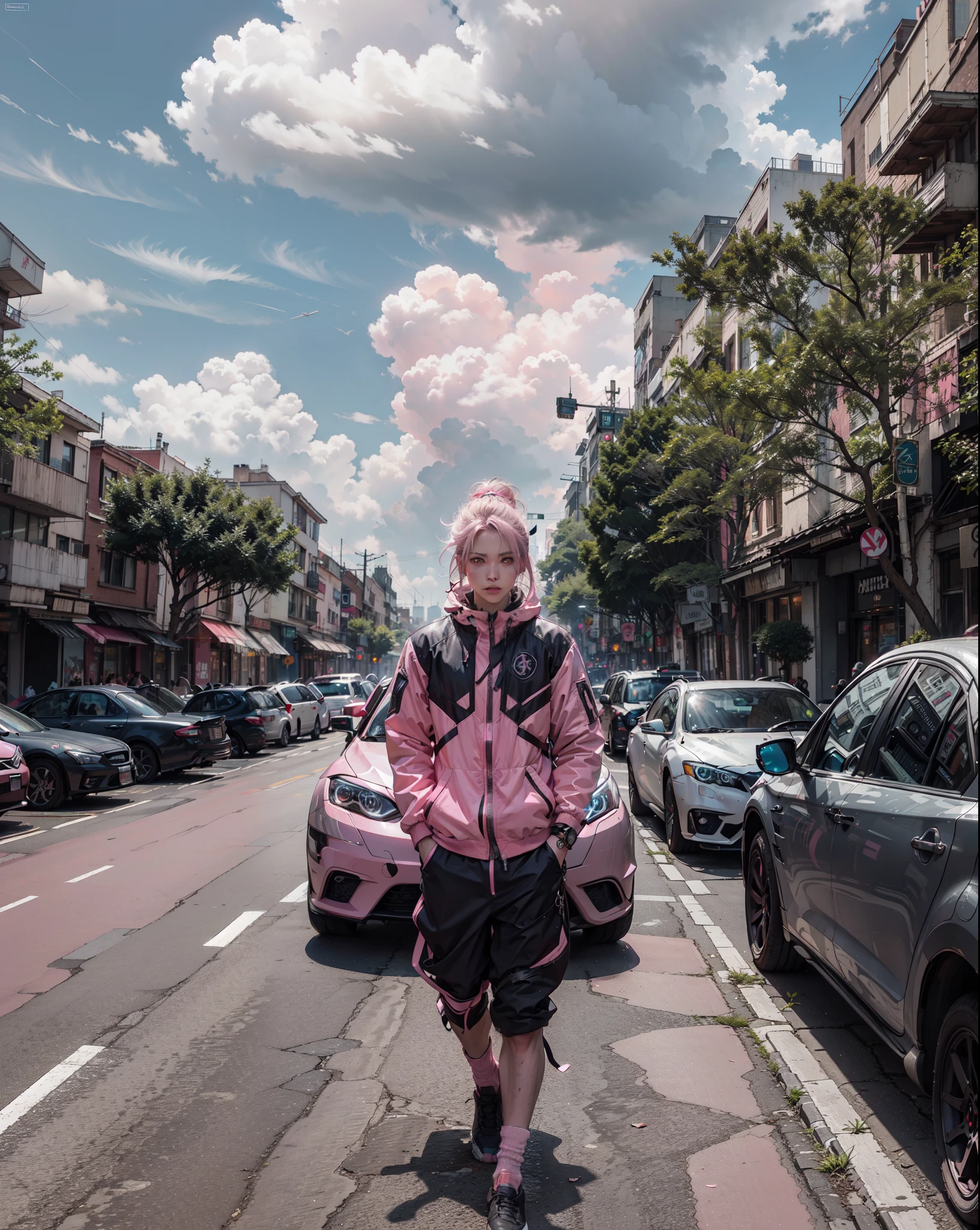 Realistic Naruto, 1boy, cyberpunk, city, street, future tech, cyborg, mech, pink cyber wear, (((pink))) techwear,