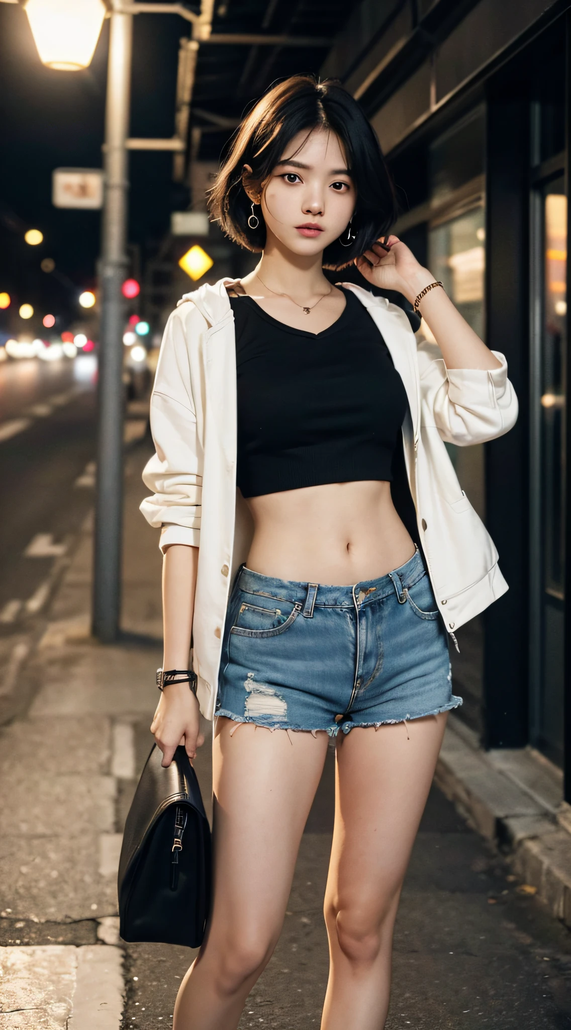 (Full body: 1.5),(1girl:1.3),(black eyes:1.5),(black hair:1.3),(short hair and covering one eye:1.2),(has a small mole under the left eye:1.2), (wearing black ear piercings: 1.3), (wearing jean shorts: 1.2), (wearing a black top: 1.2), (wearing a red open jacket: 1.2), (wearing a bracelet on his right hand: 1.3), (wearing a watch in the right hand: 1.3), (wearing a black backpack: 1.2), (looking at the viewer: 1.4), (correct anatomy: 1.4), (standing under a street lamp: 1.2), (at night: 1.4), (accurate and face perfect: 1.3), (Long legs: 1.3), hyper HD, Ray traching, reflective light, structurally correct, Awarded, High detail, Faded and faded shadow contrast, Face lighting, Cinematic lighting, Masterpiece , super detailed, High quality, High detail, Best quality, 16k, High contrast,