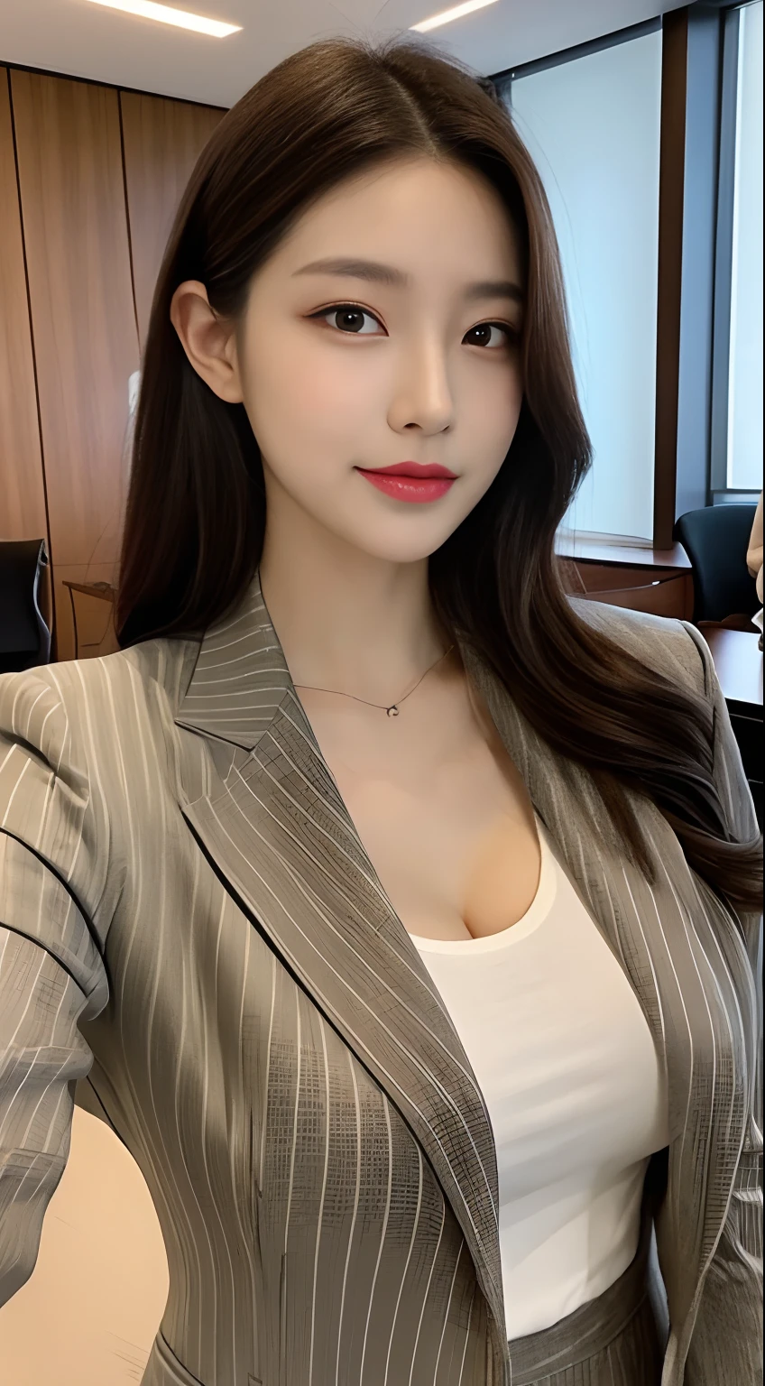 (((masterpiece))), Ultra-high resolution, (8K), (((Looks super realistic))), Highest quality, Ultra fine, ((Anatomically correct)), Cinematic lighting, (Super beautiful  29 year old woman), ((Only one person)), Oval Face, Beautiful Face, smirk, Natural Makeup, Detailed big eyes, double eyelid, Detailed eyebrows, Thick lips, ((long wavy hair)), ((dark brown hair color)), Detailed skin texture, Glowing Skin, Alluring :1.3, Perfect and beautiful body,  big , Detailed and perfectly fitted outfit, (((A collar attached to a long chain,  grey business suit))),