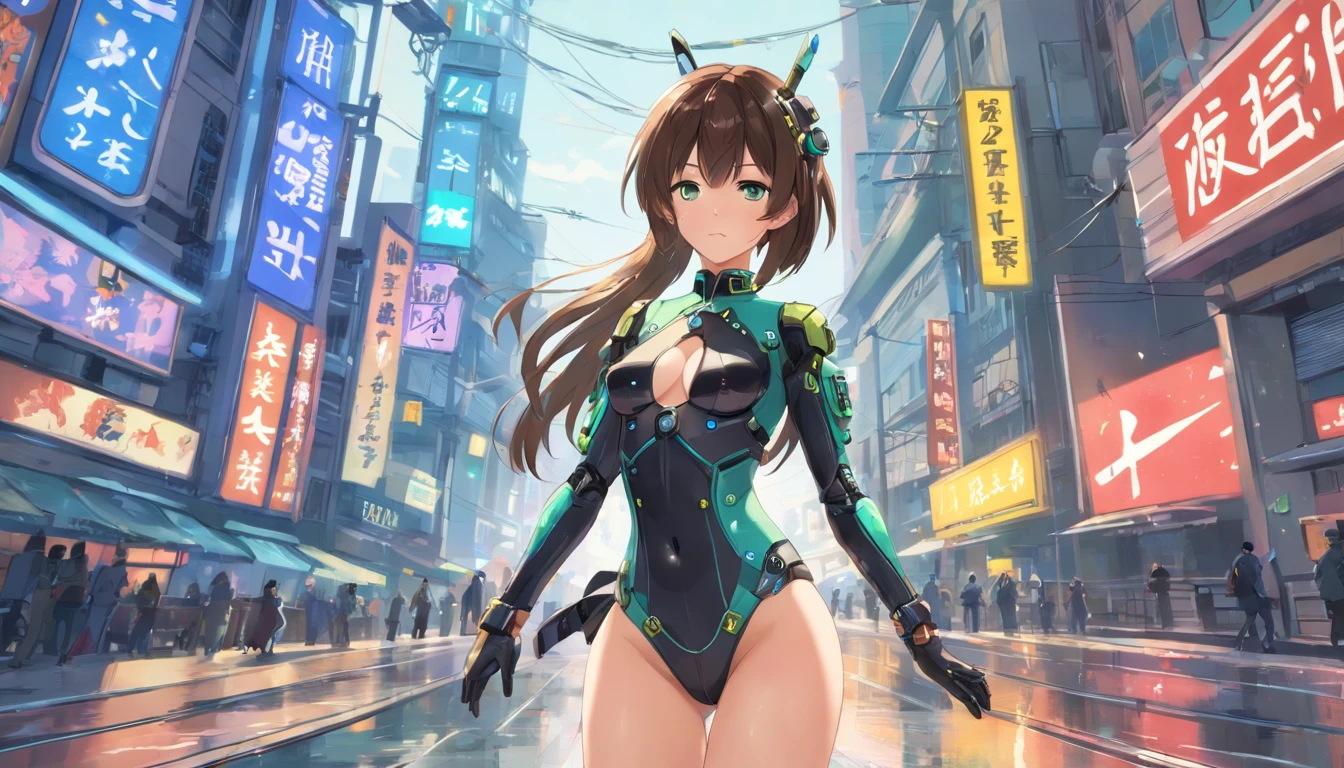 (RAW photogr, highest quality, tmasterpiece: 1.2), (hentail realism, fotorealistisch: 1.4), (tmasterpiece: 1.4), (highest quality: 1.4), (超詳細), ((hight contrast)), (High saturation), (Nice detailed eyes), ((Very delicate and beautiful)), (Beautiful hands, Perfect hands), ((five precise fingers, feminine beautiful fingers)), (The background is a mechanical network city without people), one-girl, Tik, dark brown hair, Long hair, side locks, asymmetricalbangs, nice, Detailed glass hair, tightsuit, black glove, breastsout, The cowboy was shot, En plein air, Absorption of hair, Impossible body, Impossible clothes, Long sleeves, watch audience, black leather bikini, cyber suit, Green eyes, (Very shiny clothing), firm skin, big clevage, Abs, thigh gap, upper legs, (Small buttocks), oiled, shiny skins, (shiny skins), hentail realism, Female sexy pose, Kibernetisch_Kiefros, mechanicalparts, Kibernetisch, urbansamurai_v0.3, deactivated_droid, droid, mechaware, tattoo