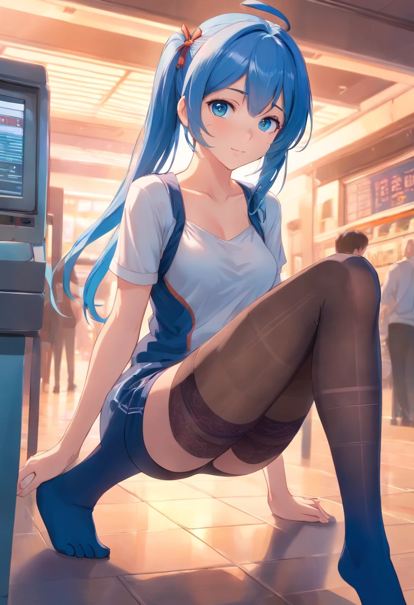 woman, 29 yo, sexual expression invite,sexual face,pantyhose Detailed((tights with detailed textures)),feet to the viewer,feet in front of the spectator,blue hair,long twintail hair,blue eyes,