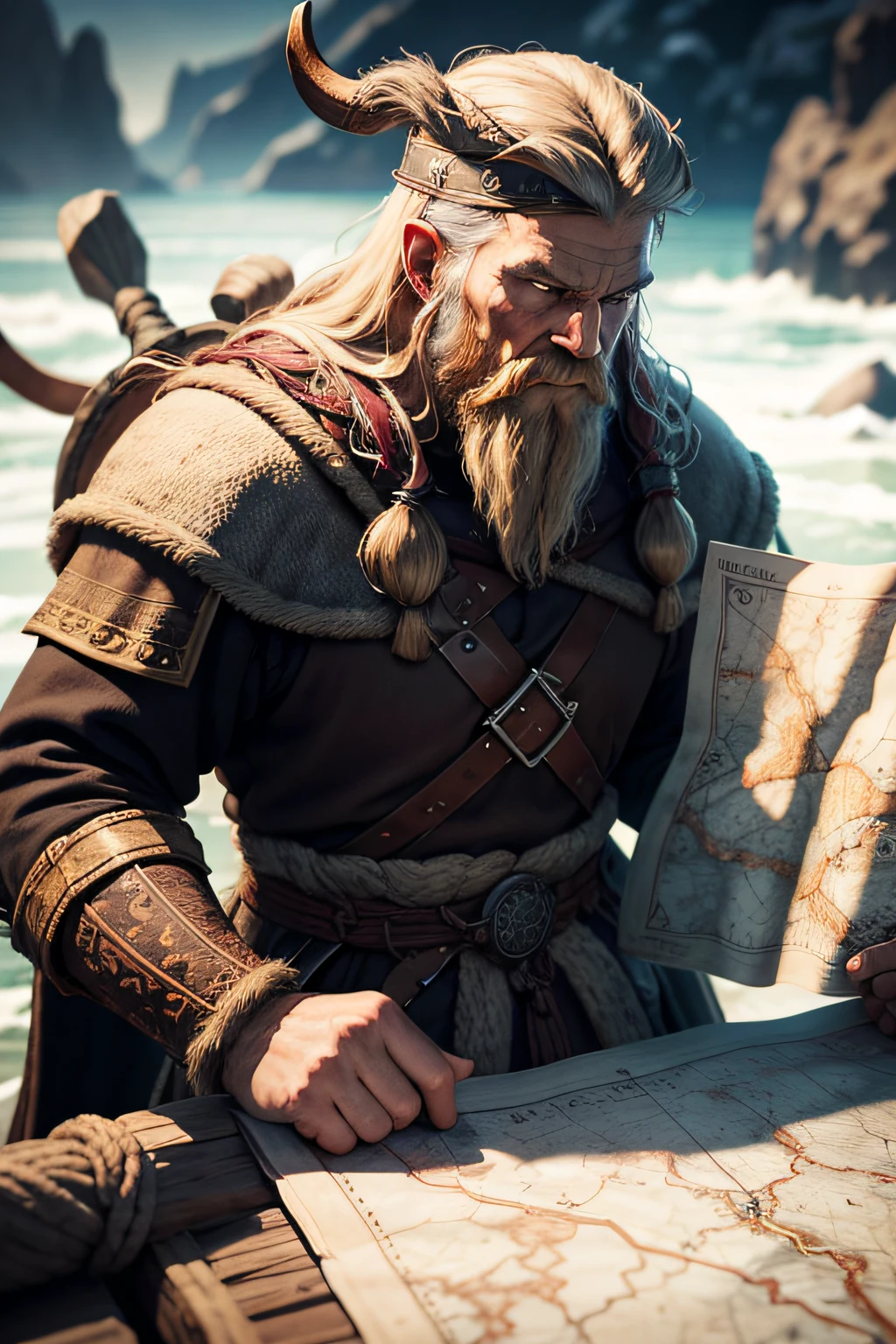 viking looking at map, 8k, hyper realistic