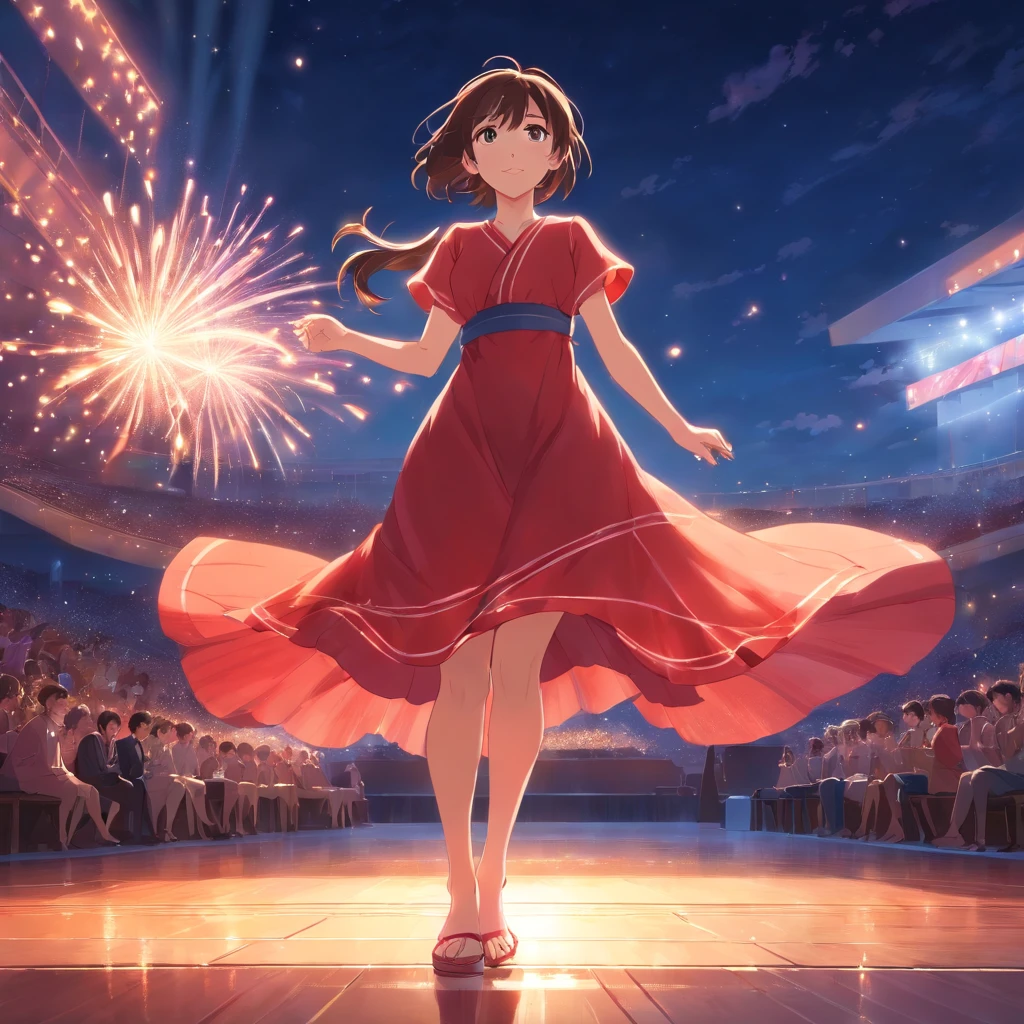 "tmasterpiece, Better quality, Still film, 1 girl in a red flowing dress on stage at night, foreground, brightly, cheerfulness, Soft warm lighting, the sunset, spark of light: 0,7"