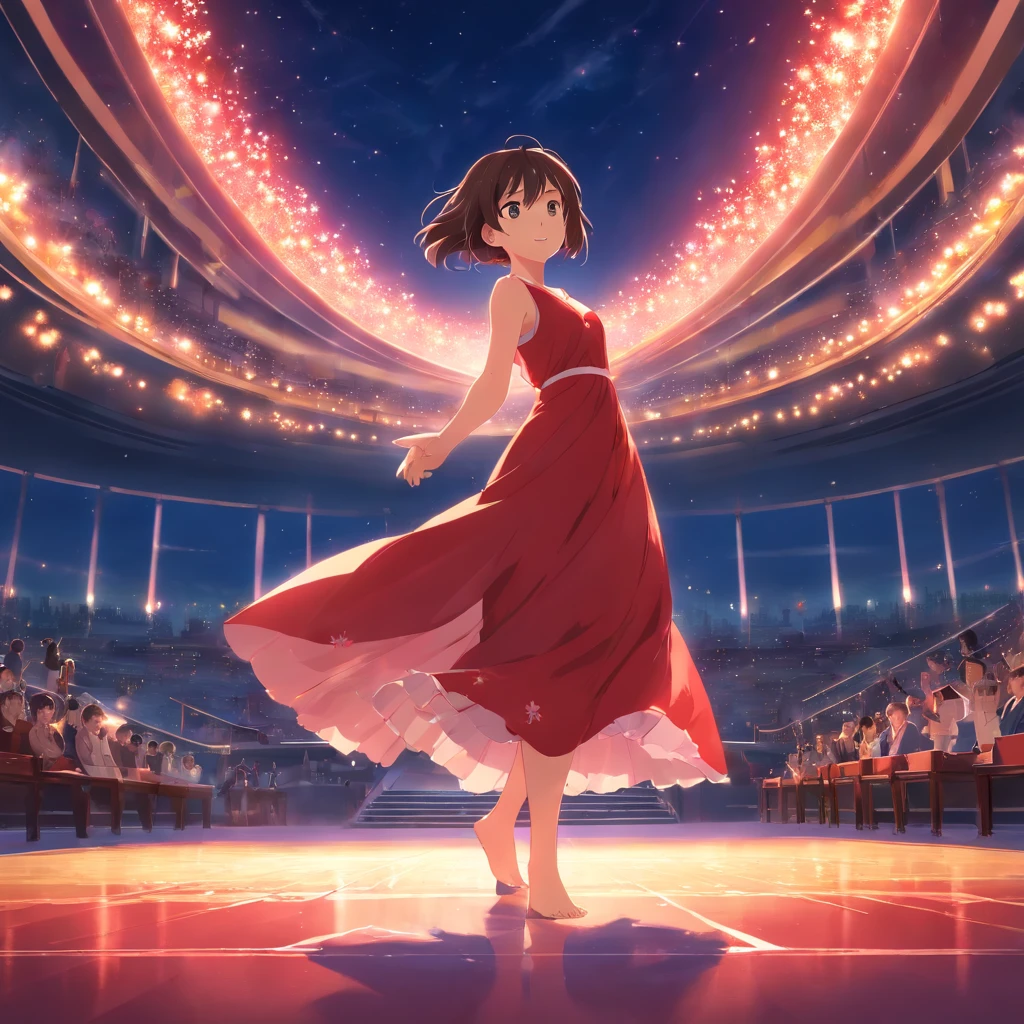 "tmasterpiece, Better quality, Still film, 1 girl in a red flowing dress on stage at night, foreground, brightly, cheerfulness, Soft warm lighting, the sunset, spark of light: 0,7"