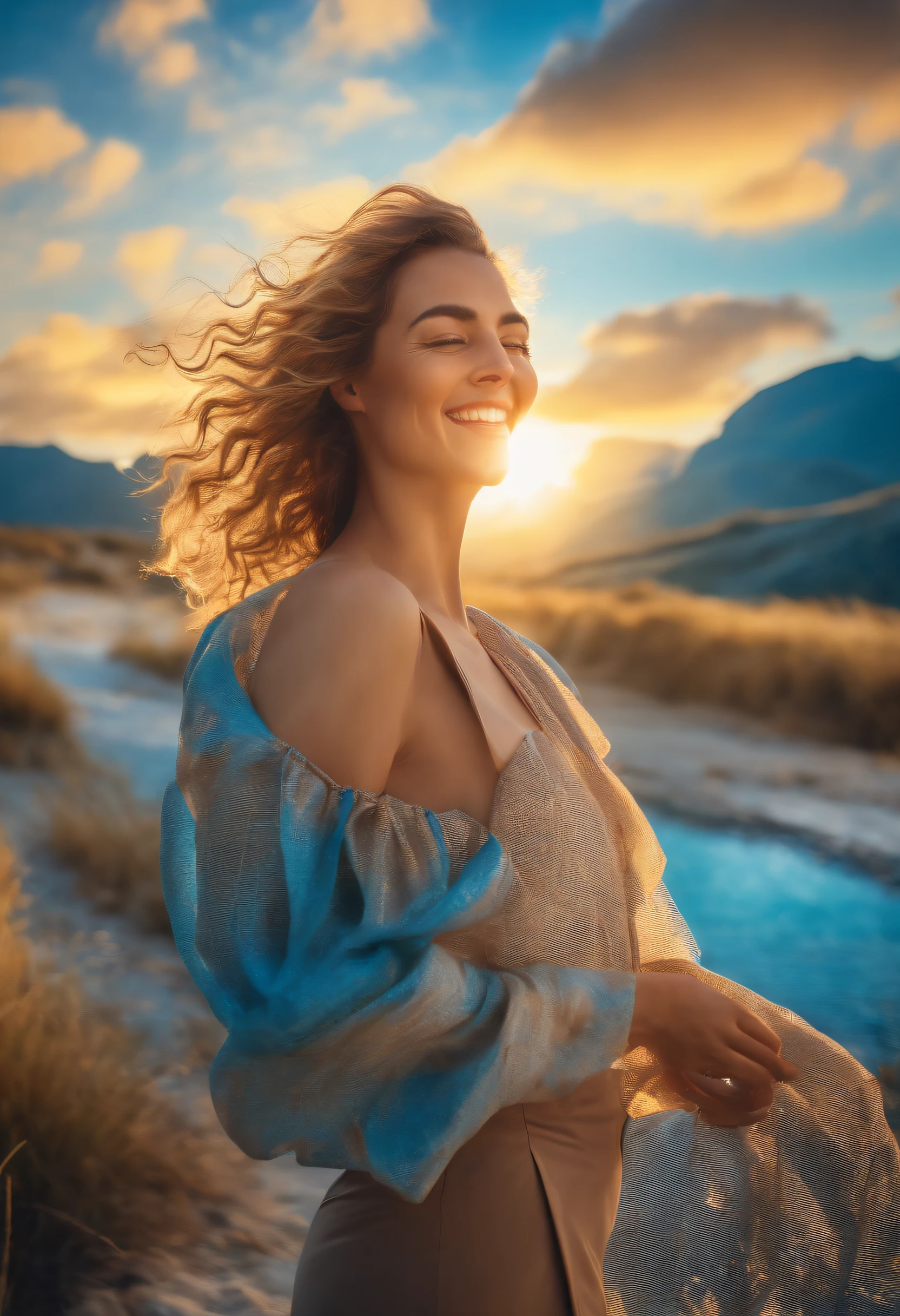 Happy person with blue sky and bright sun, realismo 8k