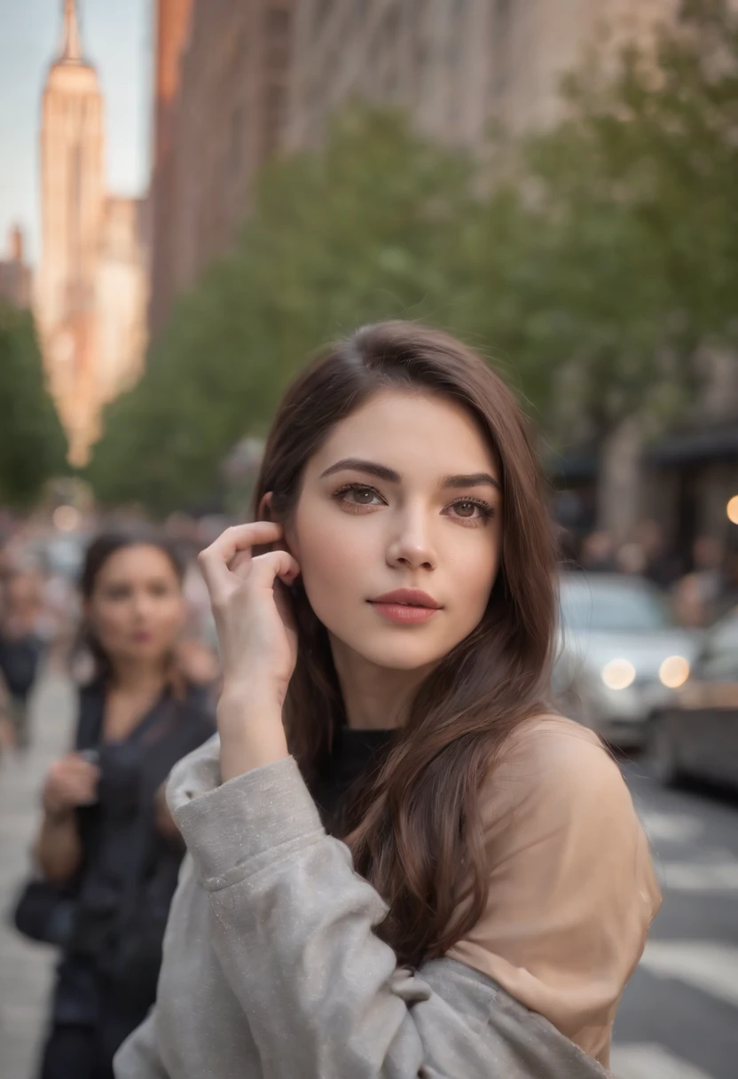photorealistic picture of a girl age 25,taking picture behind the buildings in new york city at noon,(best quality,4k,8k,highres,masterpiece:1.2),ultra-detailed,(realistic,photorealistic,photo-realistic:1.37),HDR,UHD,studio lighting,ultra-fine painting,sharp focus,physically-based rendering,extreme detail description,professional,vivid colors,bokeh,portraits,landscape,photography,new york city,noon,beautiful detailed eyes,beautiful detailed lips,extremely detailed eyes and face,longeyelashes,grey eyes,long black hair,holding a professional camera,wearing a stylish outfit,urban view,modern buildings,tall skyscrapers,crowded streets,lively atmosphere,bustling city life,reflective surfaces,glass windows,glimmering sunlight,shadowy alleyways,vibrant colors,contrast of lights and shadows,creative angles,urban exploration,artistic pursuit,adventure and discovery.