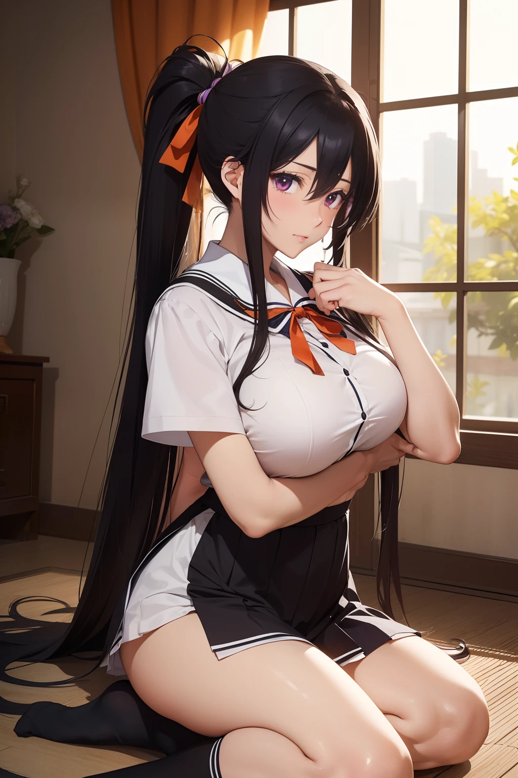 (masterpiece, best quality, ultra-detailed, 8k, wallpaper, photorealistic), ((medium shot)), ((voluptuous body)), ((perfect hands)), ((perfect anatomy)), large loose breasts, long round legs, round ass, ((alluring anime girl)), ((Akeno Himejima)), (very long black hair and violet eyes), (her hair is usually tied in a very long ponytail), (reaching all the way down to the floor with two strands sticking out from the top and sloping backward), (with an orange ribbon keeping it in place, she wears the customary Kuoh Academy girls' school uniform, along with black calf-length socks)