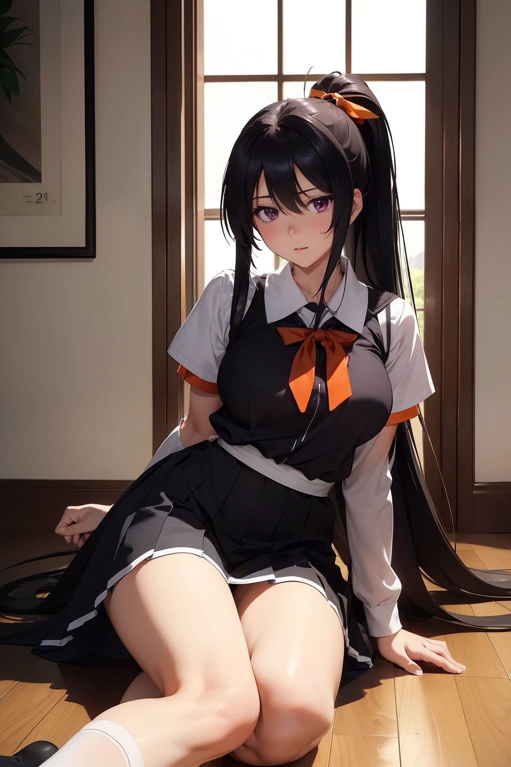 (masterpiece, best quality, ultra-detailed, 8k, wallpaper, photorealistic), ((medium shot)), ((voluptuous body)), ((perfect hands)), ((perfect anatomy)), large loose breasts, long round legs, round ass, ((alluring anime girl)), ((Akeno Himejima)), (very long black hair and violet eyes), (her hair is usually tied in a very long ponytail), (reaching all the way down to the floor with two strands sticking out from the top and sloping backward), (with an orange ribbon keeping it in place, she wears the customary Kuoh Academy girls' school uniform, along with black calf-length socks)