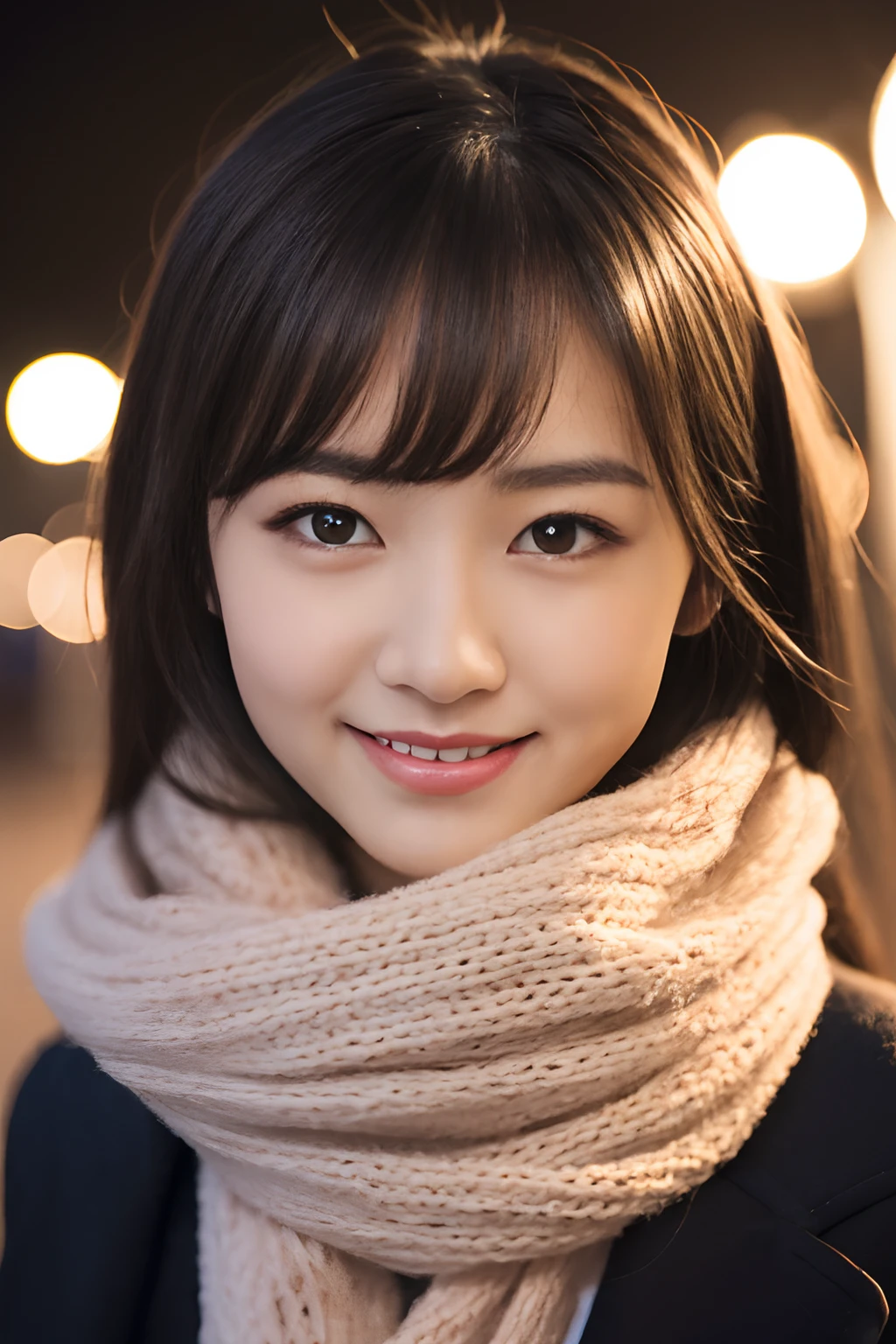 ((no-makeup))、(realisitic、Photorealsitic、ultra-detailliert、Highest Details Skins、top-quality、​masterpiece、超A high resolution)、Cute Japan Woman、sixteen years old、hi-school girl、younggirl、1 girl in、I have bangs、二重まぶた、drooing eyes、Large black eyes、Charming、purity、Cute smile、View here、Realistic skin type、Thick muffler、fluffy hair、((Hair is inside the scarf))、Red cheeks、The wind is blowing、It's snowing、nighttime scene、illuminations、Lighting from behind