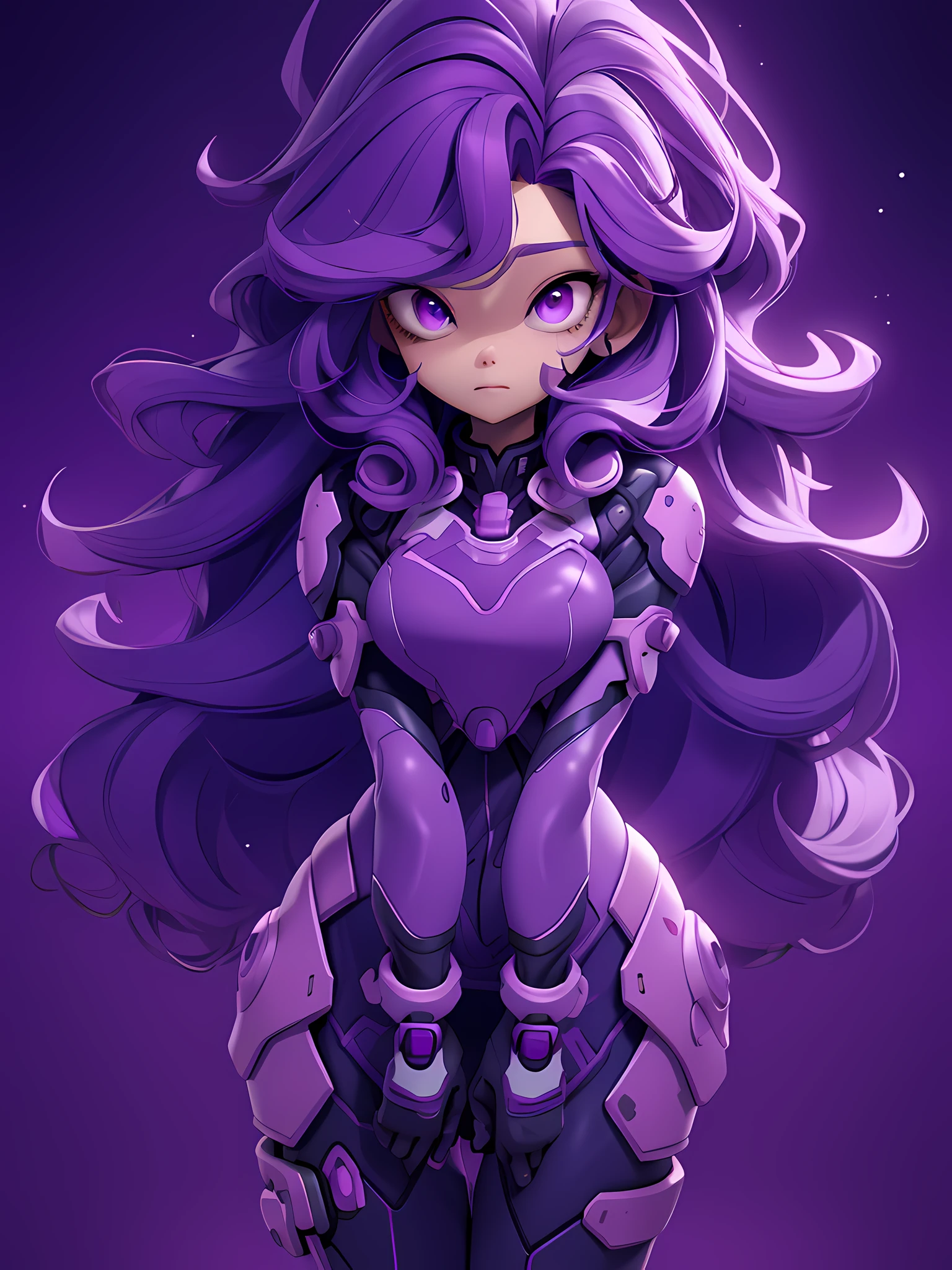 girl, long curly purple hair,bright purple eyes, purple mech suit, space background,iron skin,steel skin,silver skin,masterpiece,4k,8HD