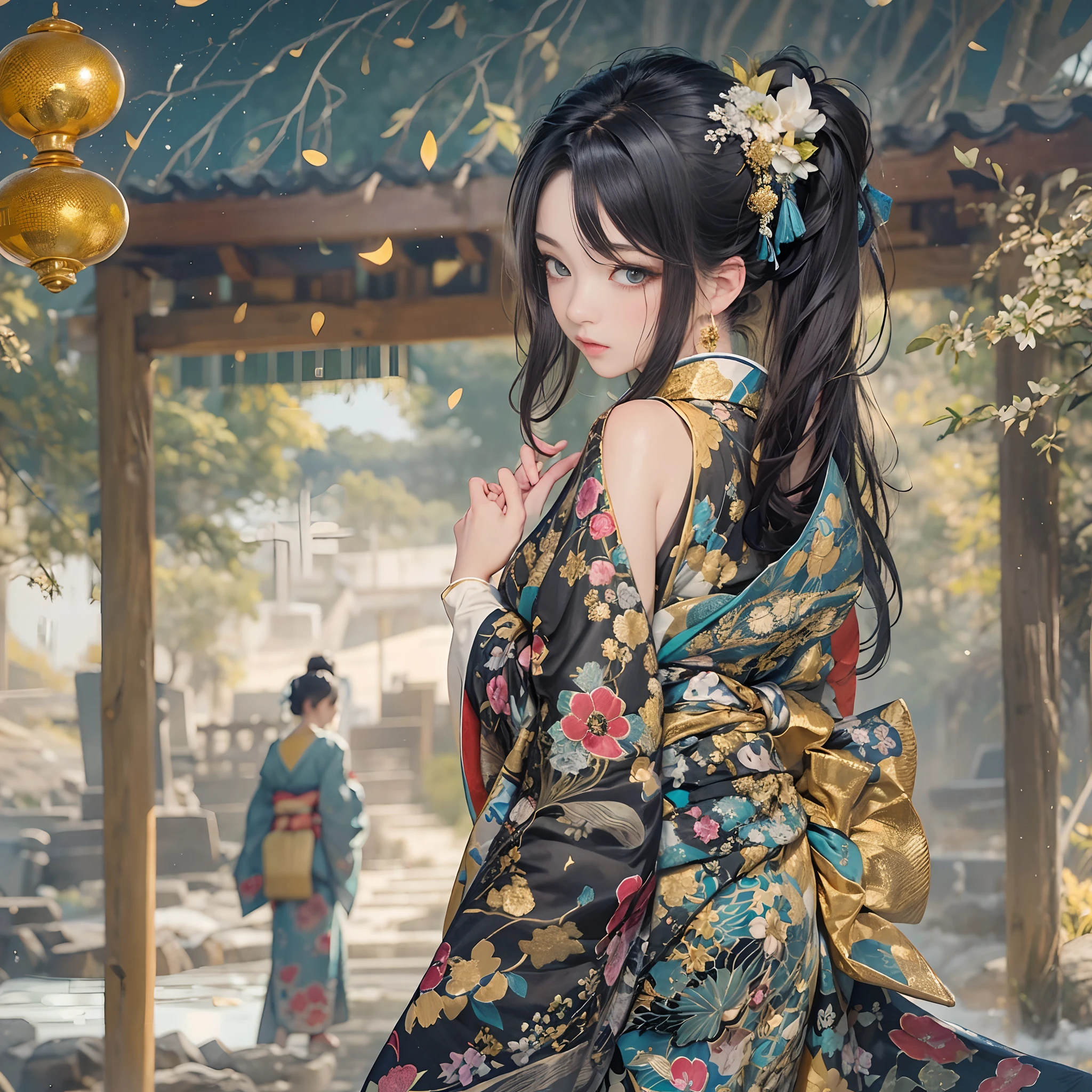 Try to give your audience a bouquet、
watching at viewers、for the background(ancient city:1.2)And the moon、((dense background))、poneyTail、Woman with shiny black hair、perfect hand、BREAK {{{Luxury kimono(Colorful kimono(Detailed golden embroidery,))}}}、face perfect,Depict a beautiful and graceful woman of Japan。poneyTail、Heart in the eye。full body Esbian。 Wallpaper 8K, .Blur the background with a sickle,((masutepiece)), ((Best Quality))
