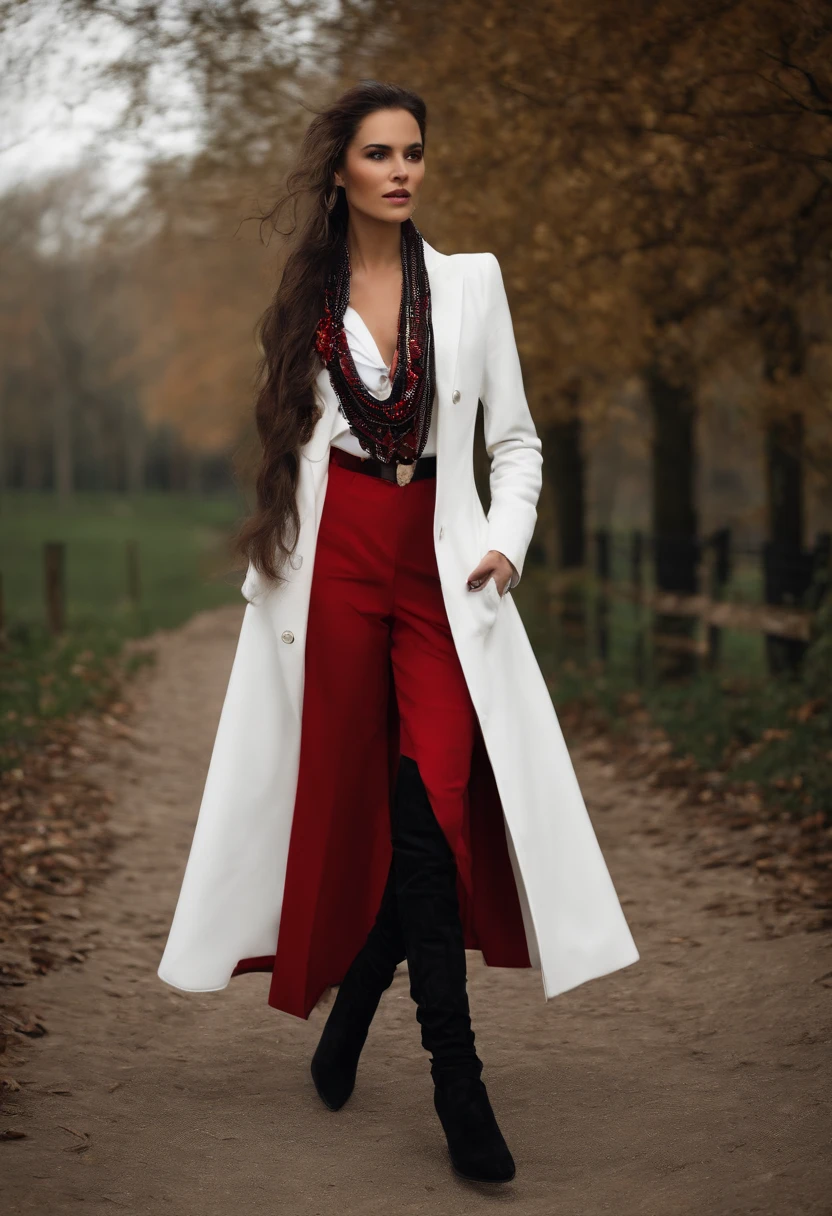 caucasian female,silber hair,white shirt,Red vest,black greatcoat,White skinny trousers,Black rounder boots