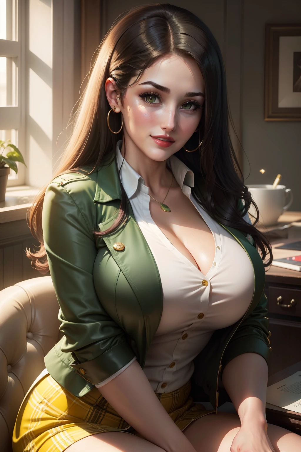 Lucy Pinder, portrait, Face portrait, smiling, voluptuous, red lips, straight hair, black hair, cleavage, white blouse, button-down blouse, ((green jacket over blouse)), yellow plaid skirt, sitting.