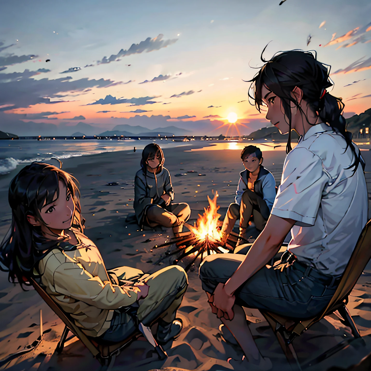 A group of friends surround a campfire by the sea,Have a good conversation in the sunset