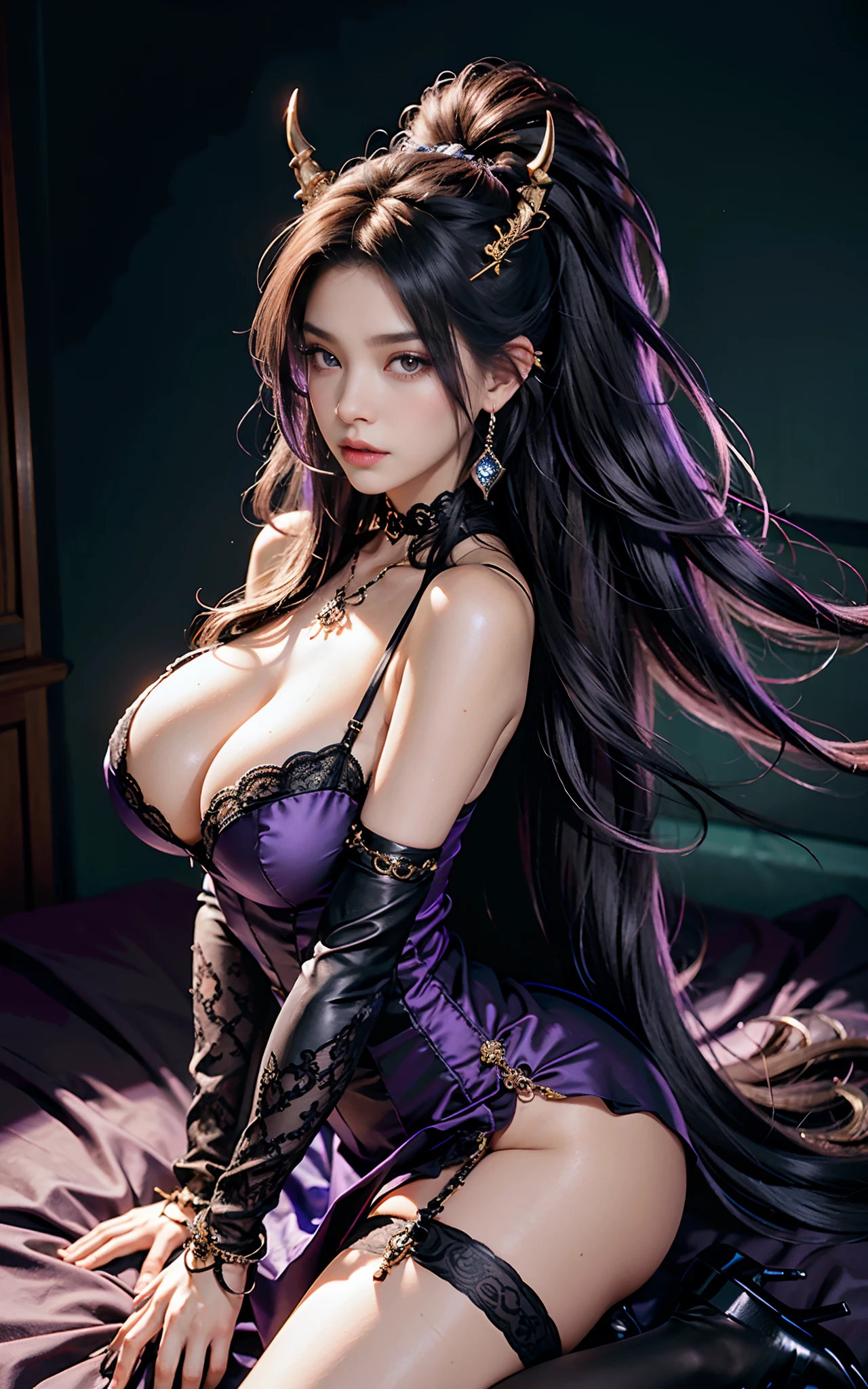 (Dark night,Bedrooms:1. Mature female purple-black hair,A pair of dragon horns,A pair of huge dragon wings,Flirtatious,Kneeling pose), tmasterpiece, best qualtiy, RAW photogr, realisticlying, Incredibly Ridiculous res,, ear studs, (Long flowing purple hair),eye shadows,Bracelet,head chain,(A wide variety of intricate jewelry),eardrop,foot ring,Black ta dress long dress,(Black suspender stockings+),high-heels,depth of fields, A high resolution, ultra - detailed, filigree, RAWE is very detailed, very detailed eyes and faces, Sharp pupils, realistic pupil, tack sharp focus, cinmatic lighting,full bodyesbian,Bigboobs,long leges,From the front side,banquet,dynamicposes,Normal posture,closeup of face