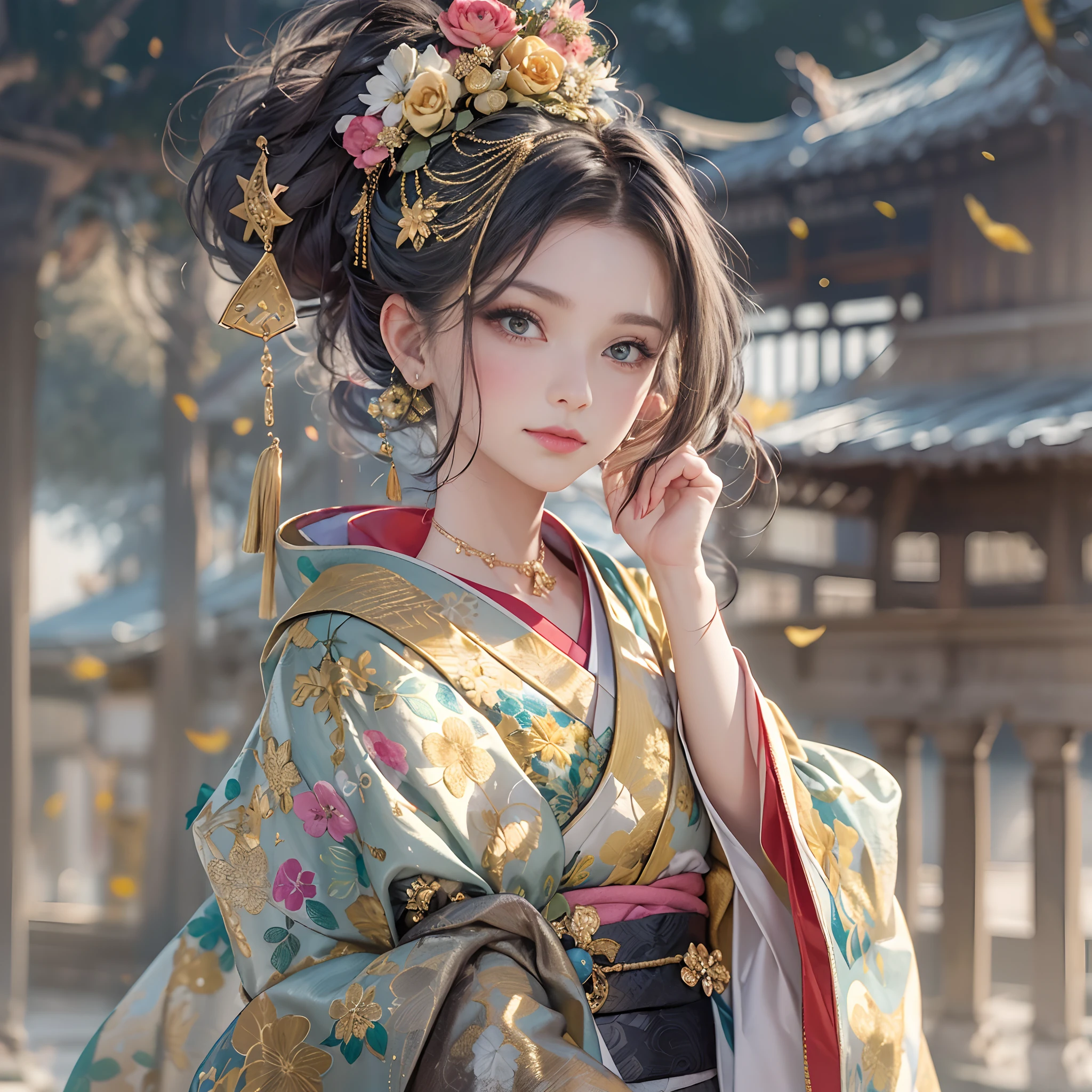 Try to give your audience a bouquet、
watching at viewers、for the background(ancient city:1.5)And the moon、(dense background:1.5)、poneyTail、Woman with shiny black hair、perfect hand、BREAK {{{Luxury kimono(Colorful kimono(Detailed golden embroidery,))}}}、face perfect,Depict a beautiful and graceful woman of Japan,poneyTail,Heart in the eye。full body Esbian。 Wallpaper 8K, .Blur the background with a sickle,((masutepiece)), ((Best Quality))