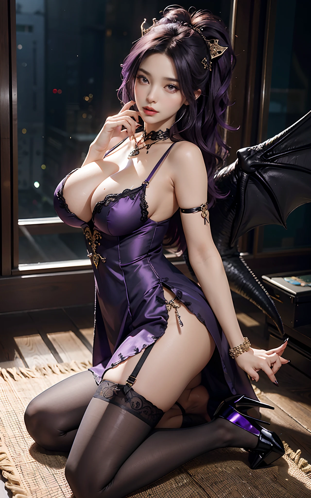 （Dark night，Bedrooms：1. Mature female purple-black hair,A pair of dragon horns，A pair of huge dragon wings，Flirtatious，Kneeling pose）， tmasterpiece， best qualtiy， RAW photogr， realisticlying， Incredibly Ridiculous res，， ear studs， (Long flowing purple hair)，eye shadows，Bracelet，head chain，(A wide variety of intricate jewelry)，eardrop，foot ring，Black Lolita dress long dress，（Black suspender stockings+），high-heels，depth of fields， A high resolution， ultra - detailed， filigree， RAWE is very detailed， very detailed eyes and faces， Sharp pupils， realistic pupil， tack sharp focus， cinmatic lighting，full bodyesbian，Bigboobs，long leges，From the front side，banquet，dynamicposes，Normal posture，closeup of face