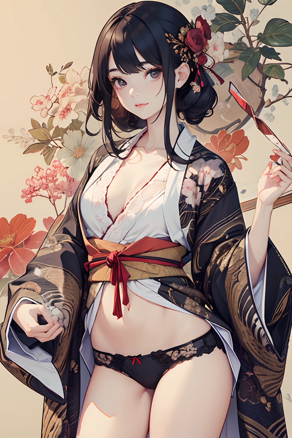master piece,hyper quality, Hyper Detailed,Perfect drawing,nfsw,3D,16K Illustration、clearface、Hi-Res、1、a very beautiful woman、Very beautiful kimono、Very beautiful panties、Very exclusive lingerie、
nice background、beatiful backgrounds、Detailed drawing、Perfect Beautiful Girl、