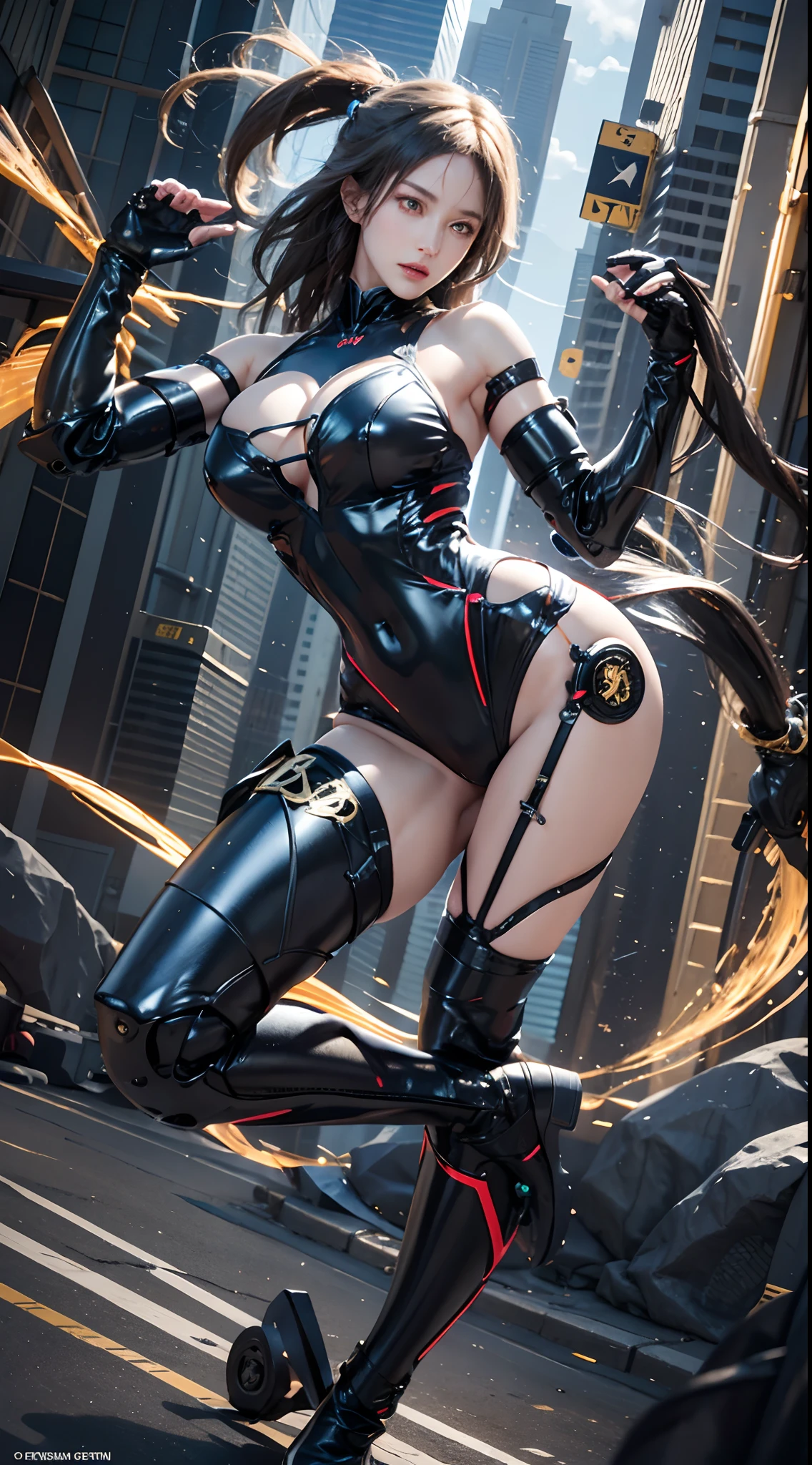 photorealistic, high resolution, 1women, mature female, solo, hips up, robot, anatomically perfect woman,carbon fiber,tactical, black metal, wiring,glowing eyes,artificial muscle,exposed machinery, full robot body, Kicking the neck, wearing a full swimsuit, shorts, high chest kick, Action, side kick, Background only the sky